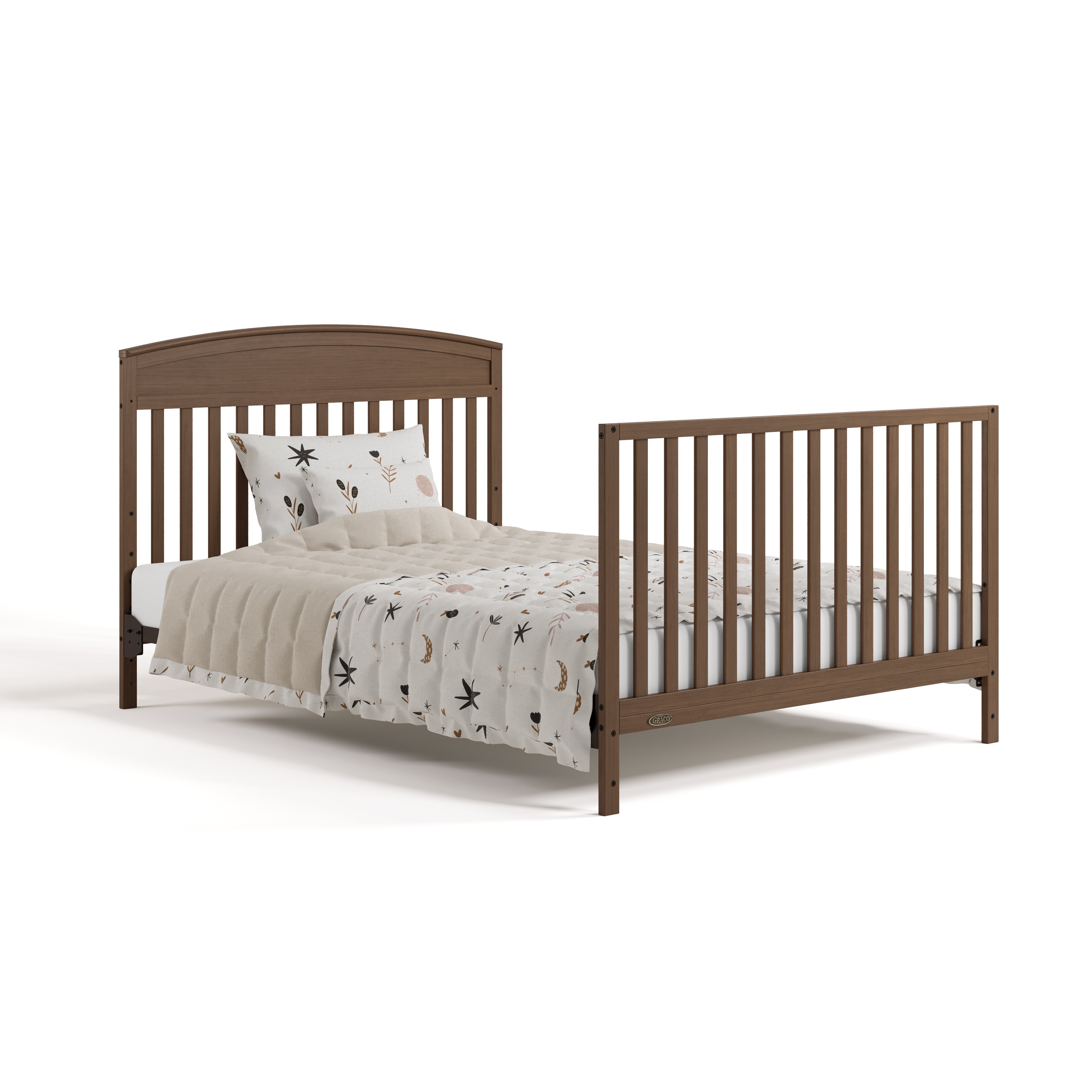 Benton hazelnut crib with drawer converted to full-size bed with footboard