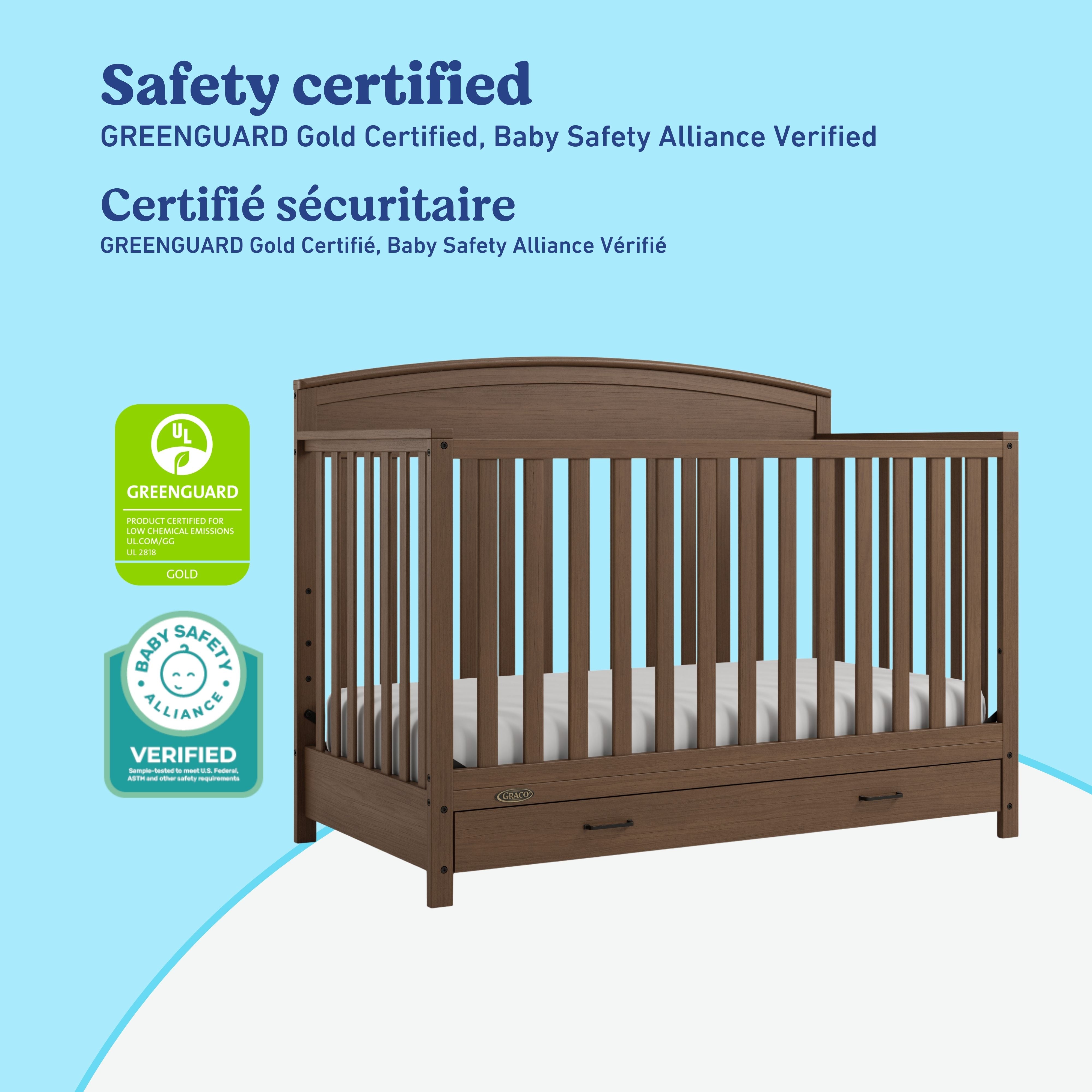 Benton hazelnut crib with drawer certifications callout