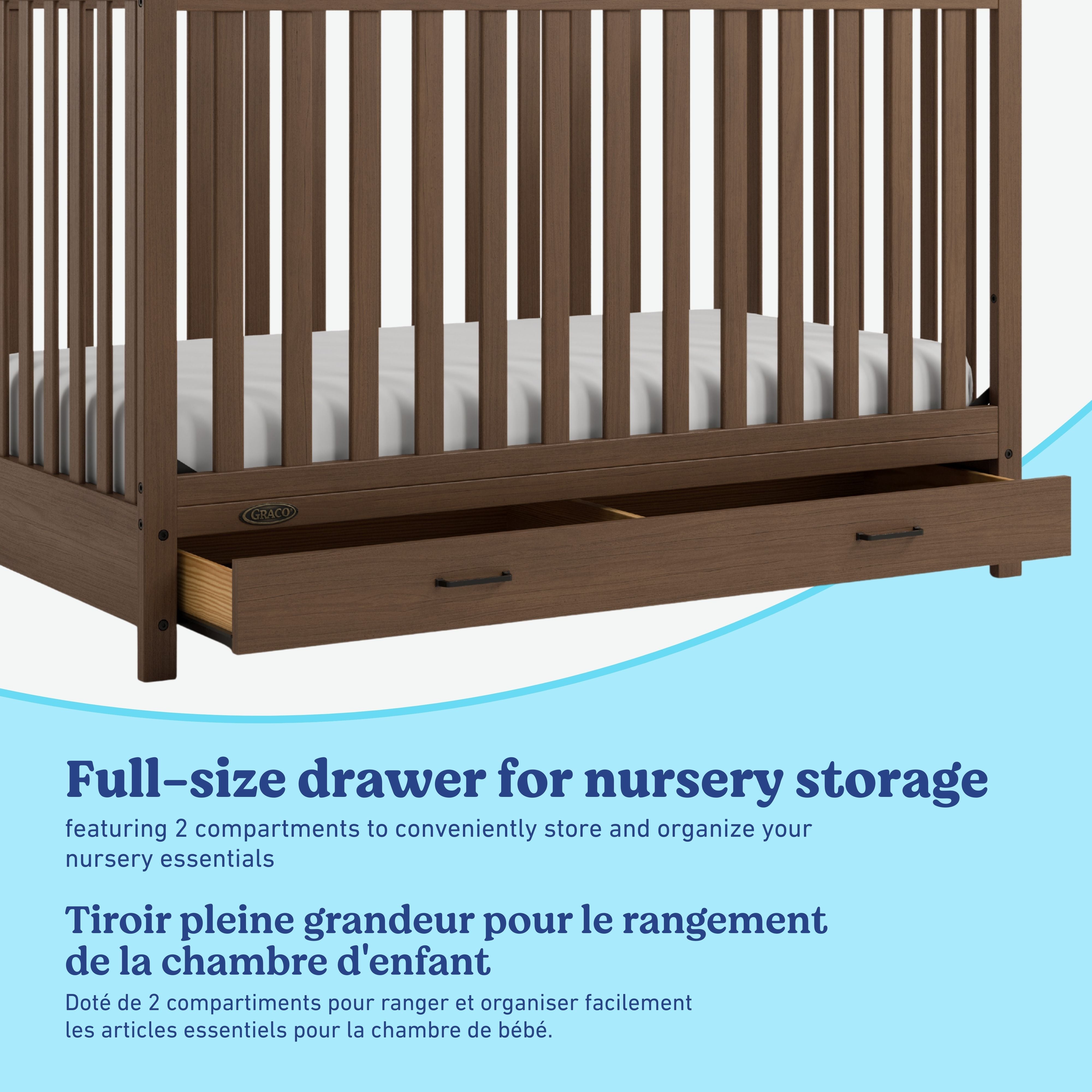 Benton hazelnut crib with drawer storage callout