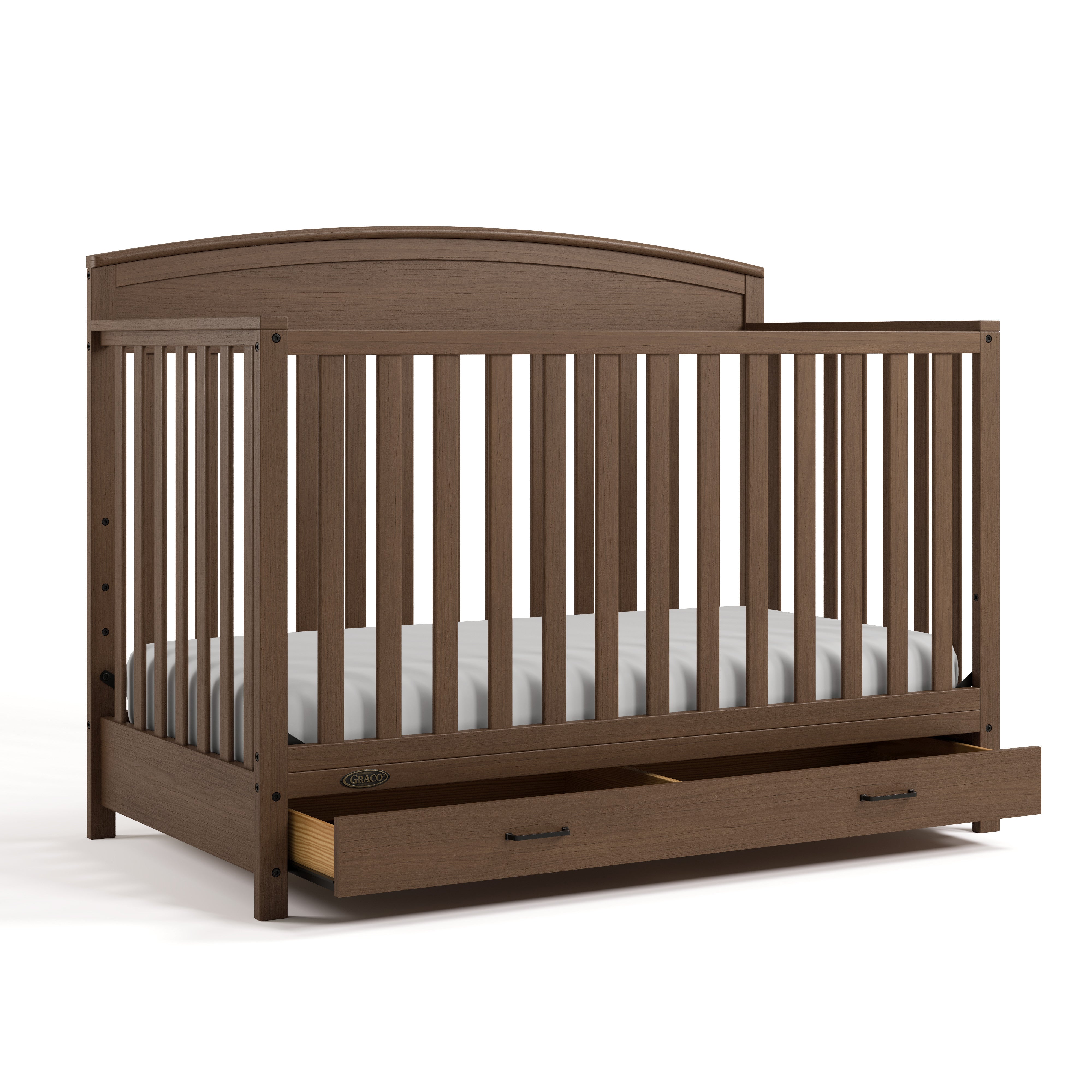 Benton hazelnut crib with drawer open angle view