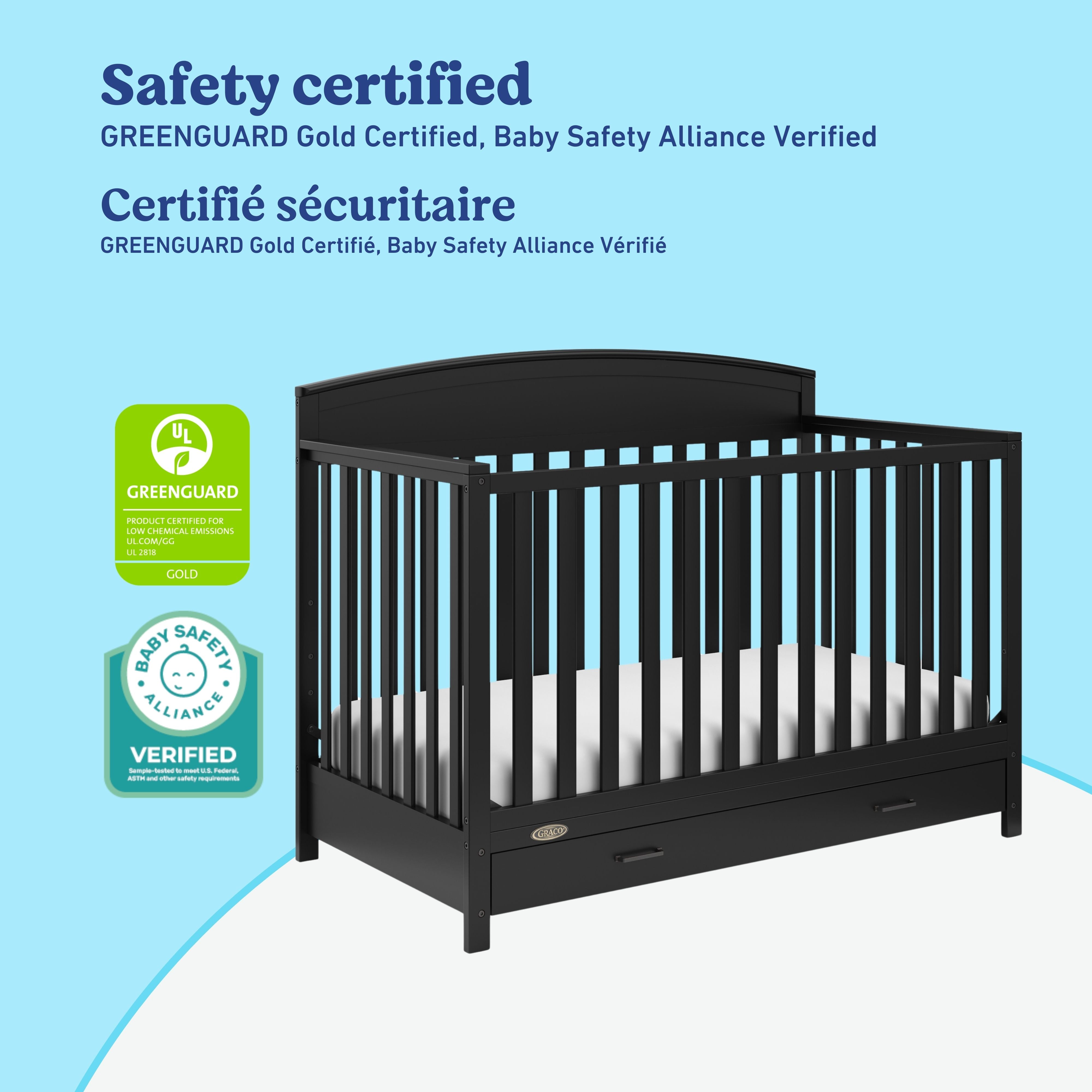 Benton black crib with drawer certifications callout
