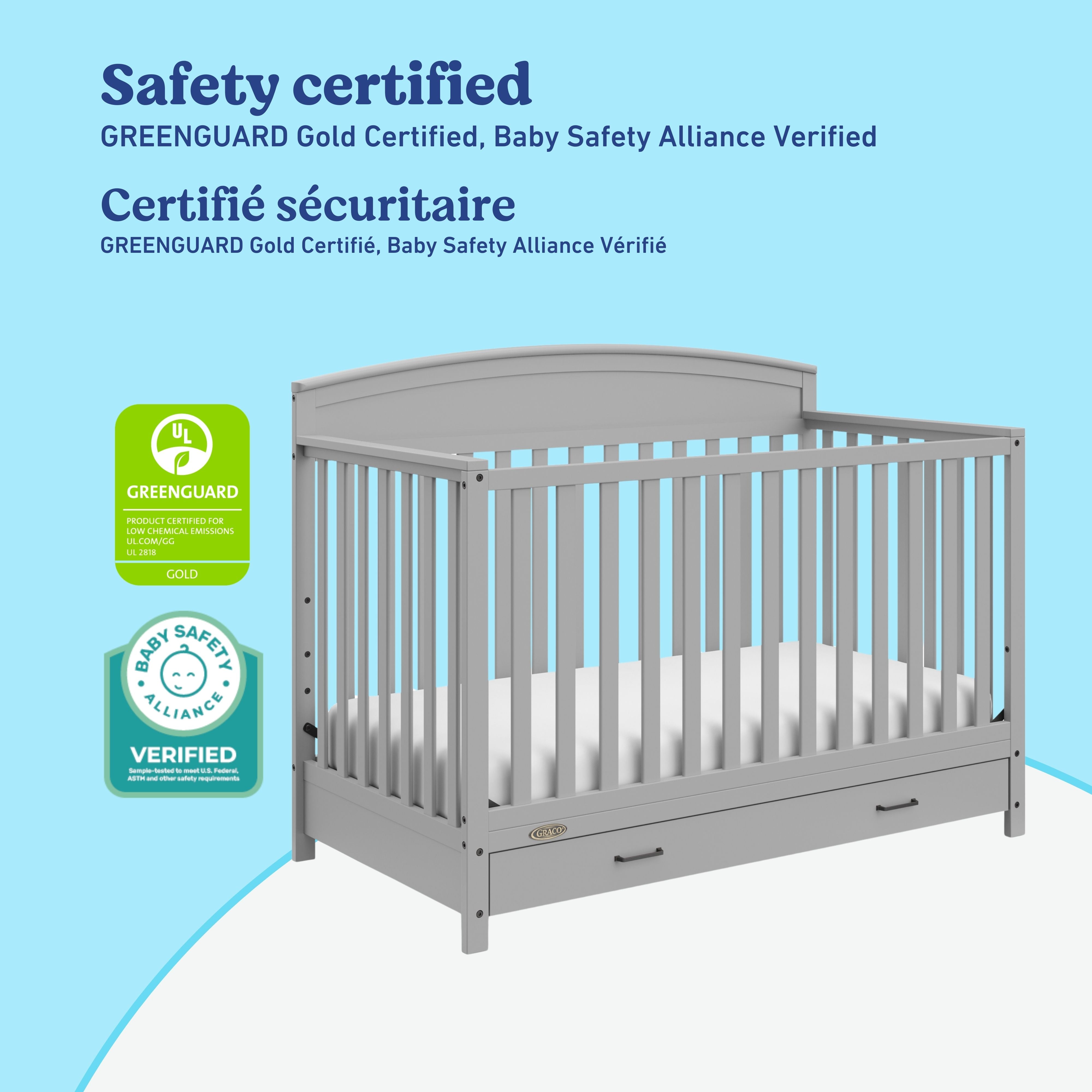 Benton pebble gray crib with drawer certifications callout