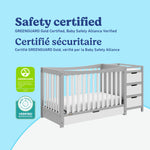 Remi pebble gray with white crib and changer certifications callout