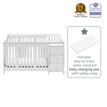 Front view of White crib and changer graphic