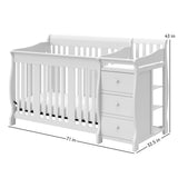 White crib with changer dimensions graphic