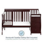 espresso crib in toddler bed conversion with one safety guardrail graphic