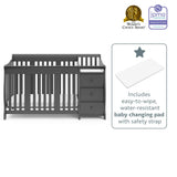 Front view of gray crib and changer graphic