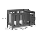 gray crib with changer dimensions graphic