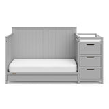 Pebble gray crib and changer with drawer in toddler bed conversion
