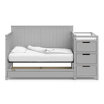 Pebble gray crib and changer with drawer in daybed conversion