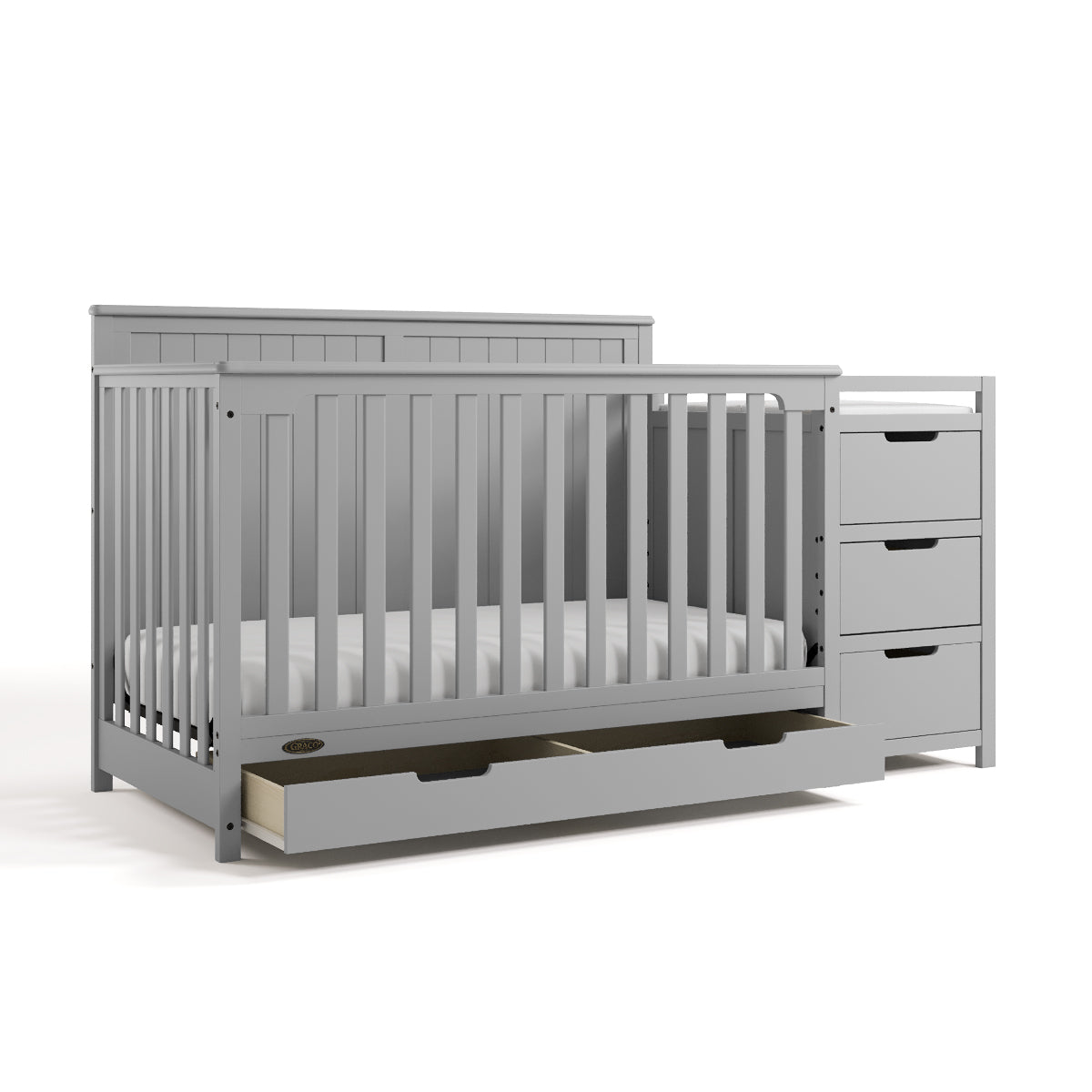 Graco Hadley 5-in-1 Convertible Crib and Changer with Drawer in Pebble Gray angled view