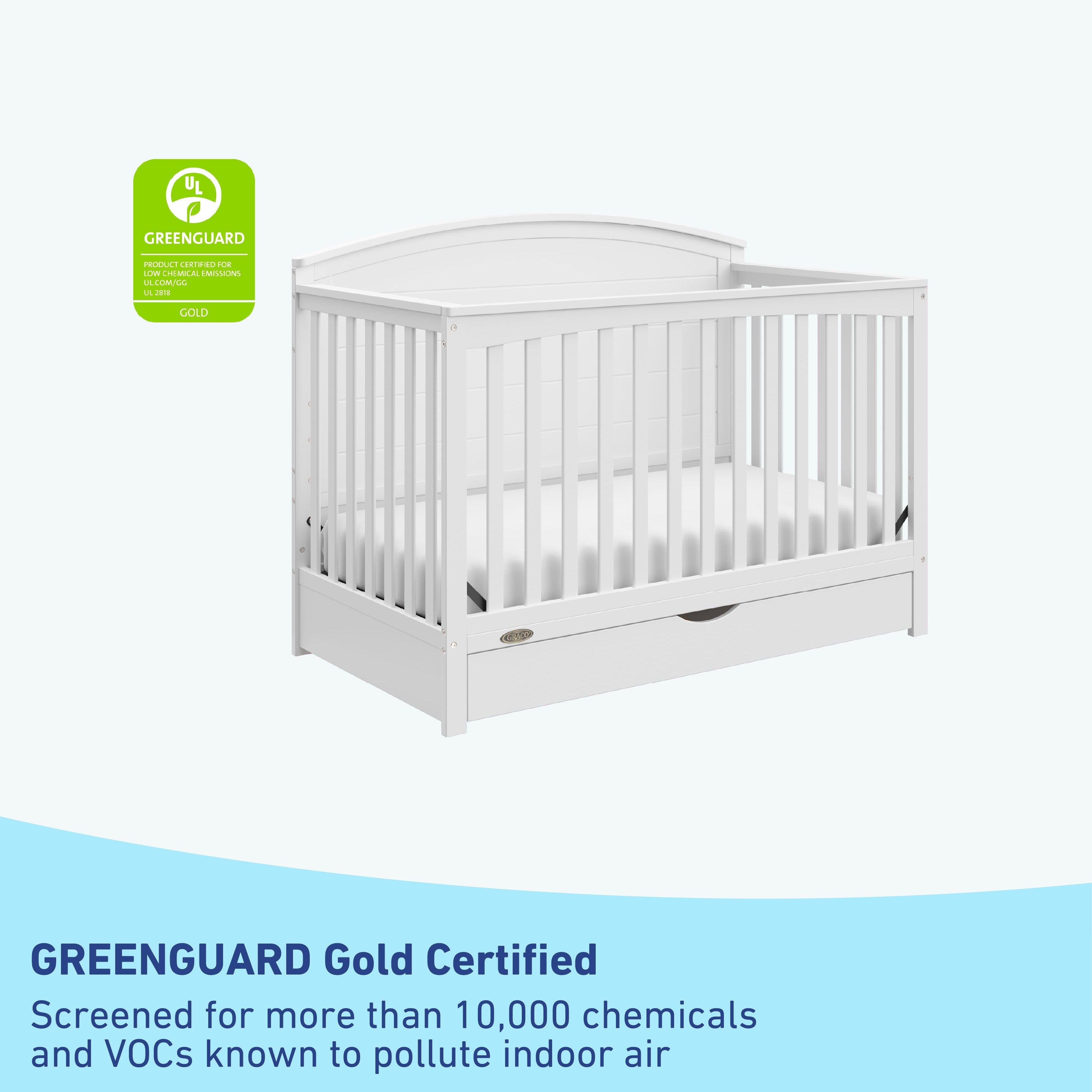 graco bellwoodwhite crib with drawer GREENGUARD Gold Certified callout