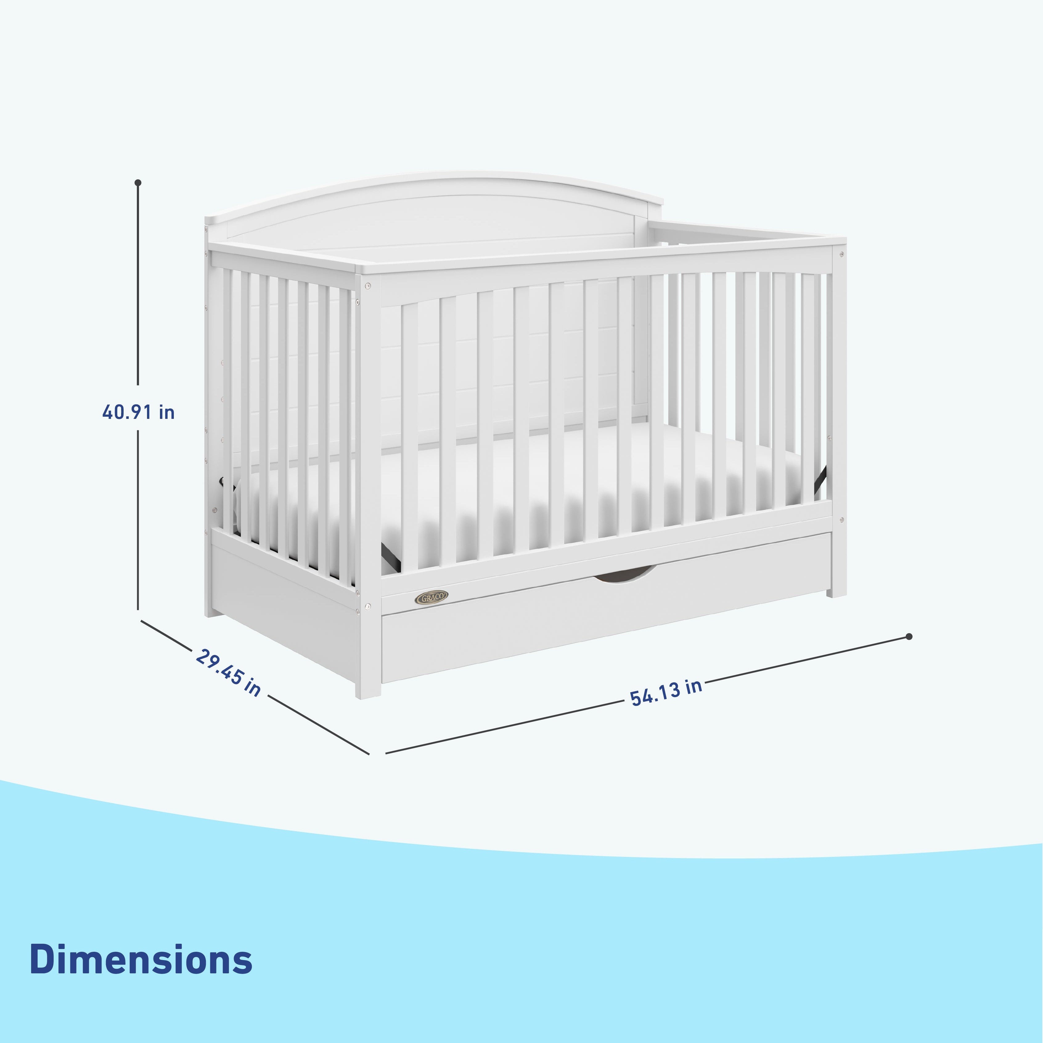 graco bellwood white crib with drawer dimensions callout