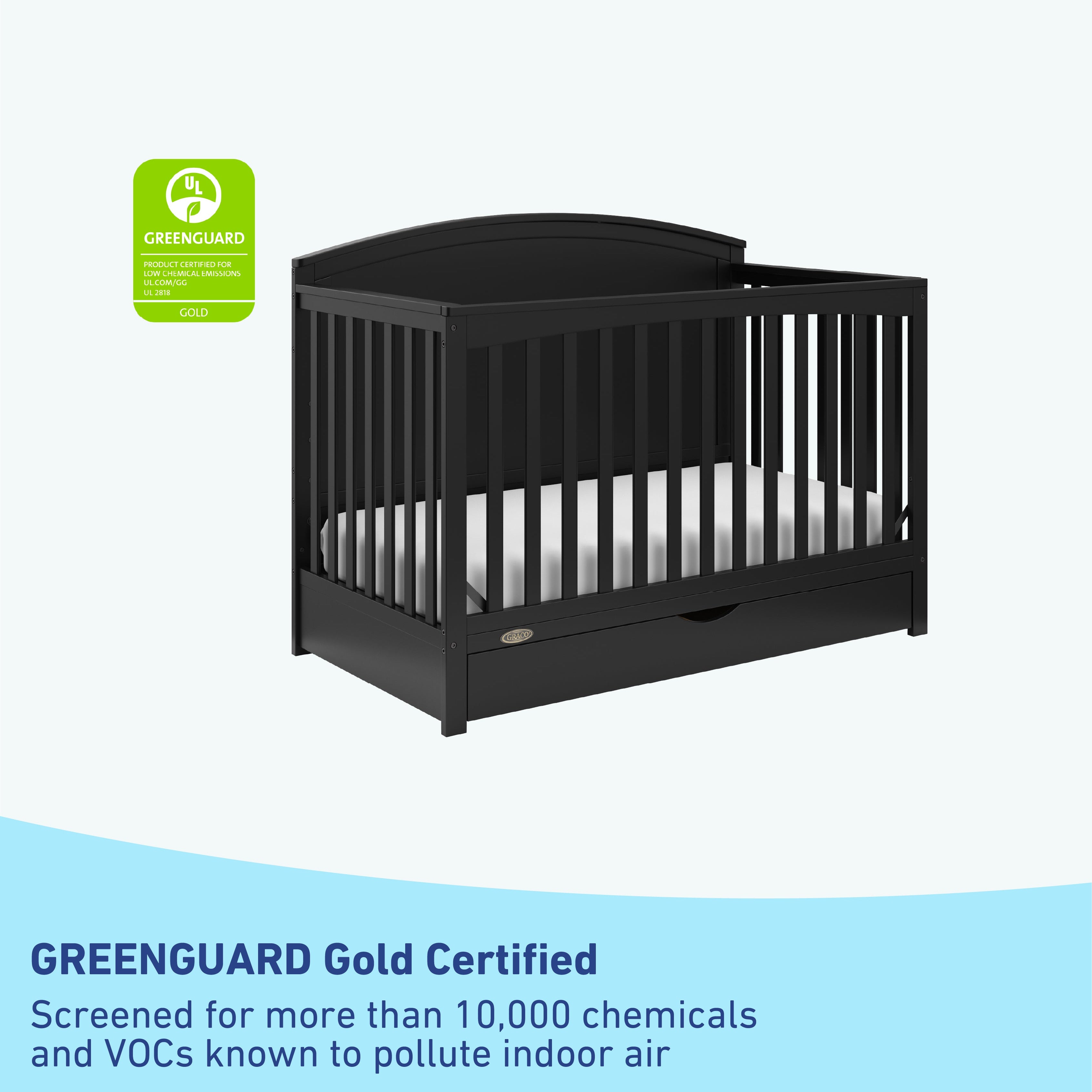 graco bellwood black crib with drawer GREENGUARD Gold Certified callout