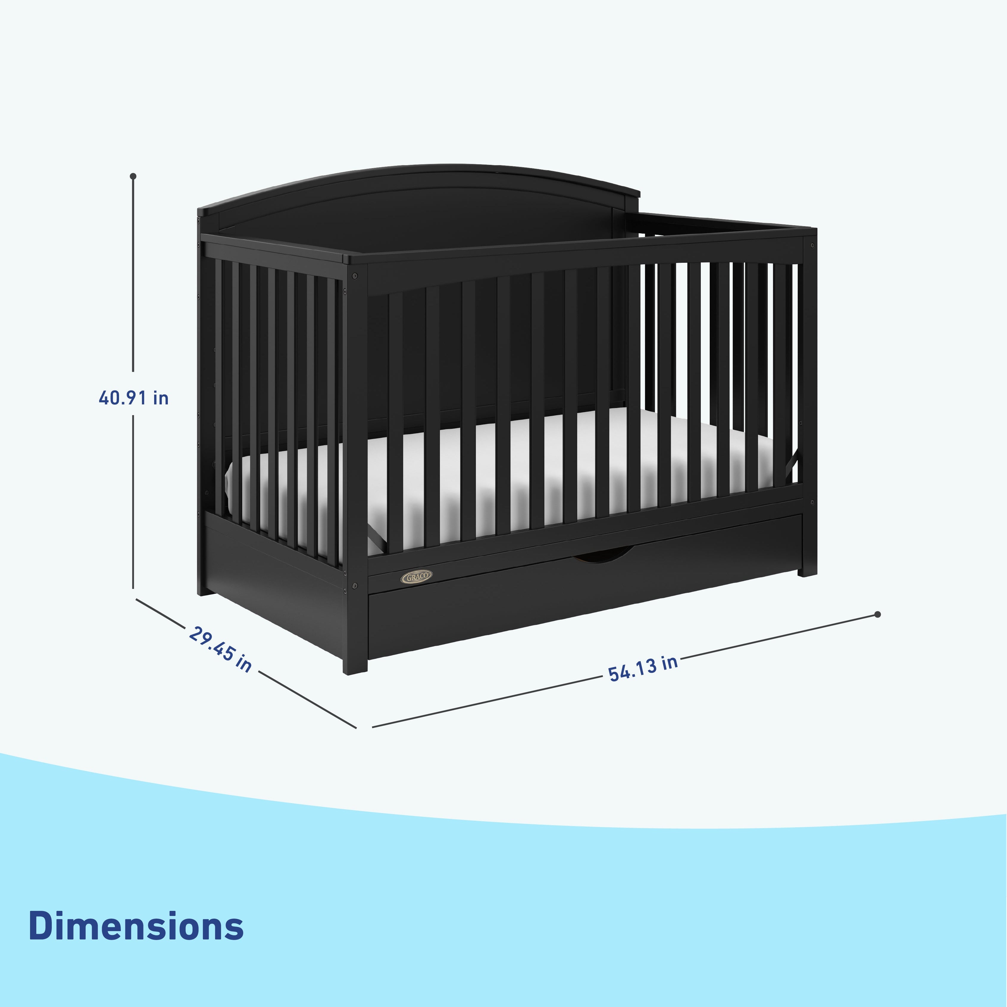 graco bellwood black crib with drawer dimensions callout