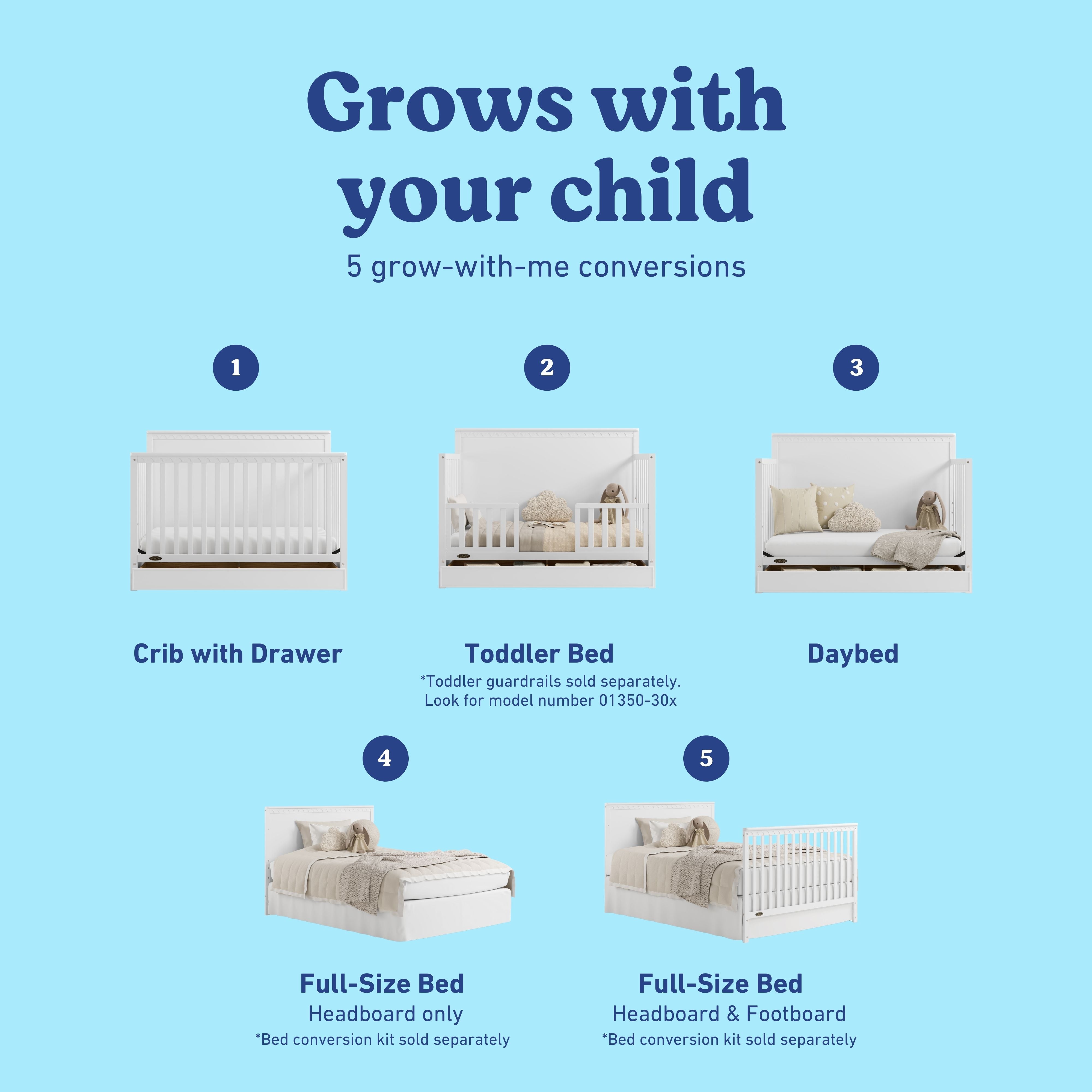 Sasha white crib with drawer conversions callout