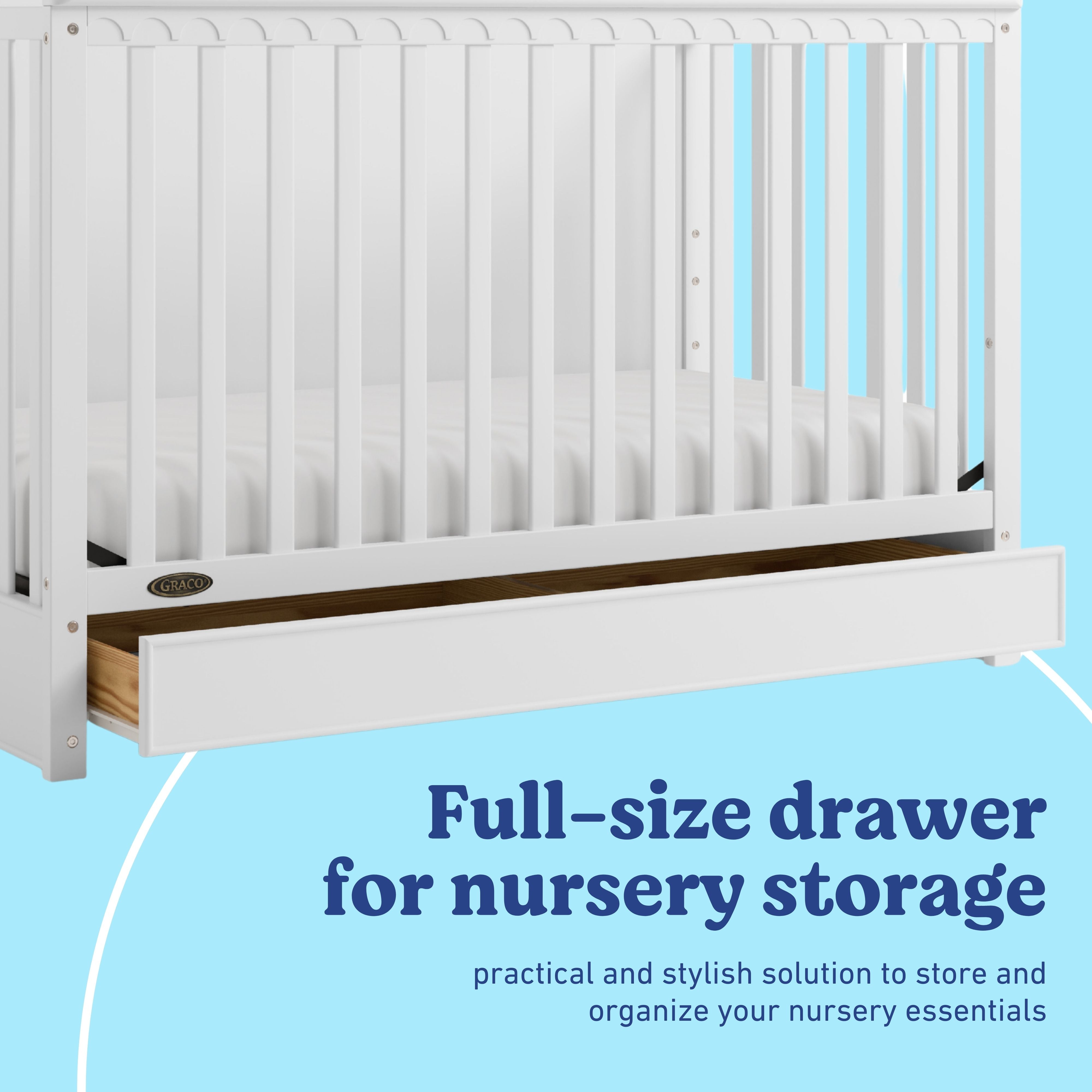 Sasha white crib with drawer storage callout