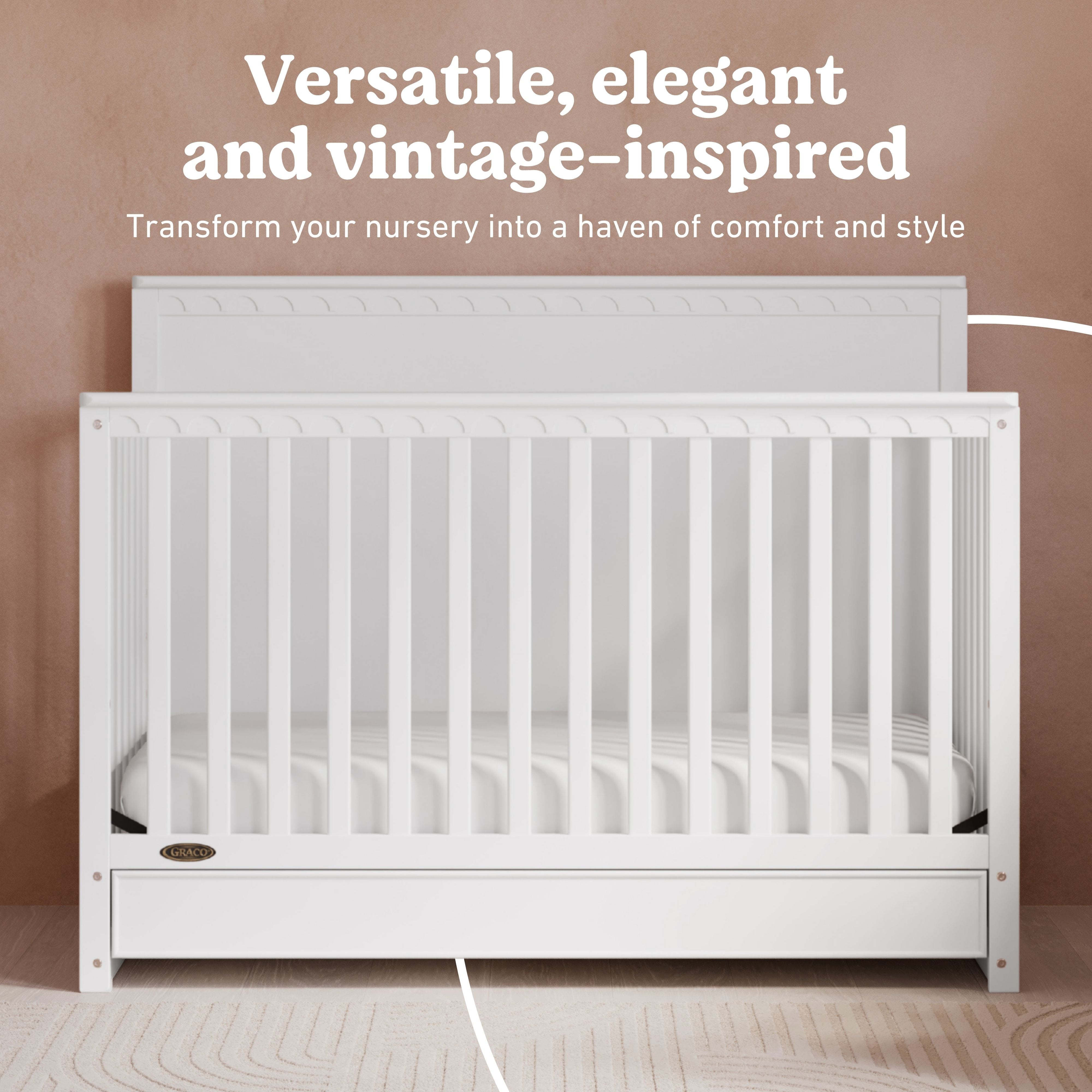 Sasha white crib with drawer style callout