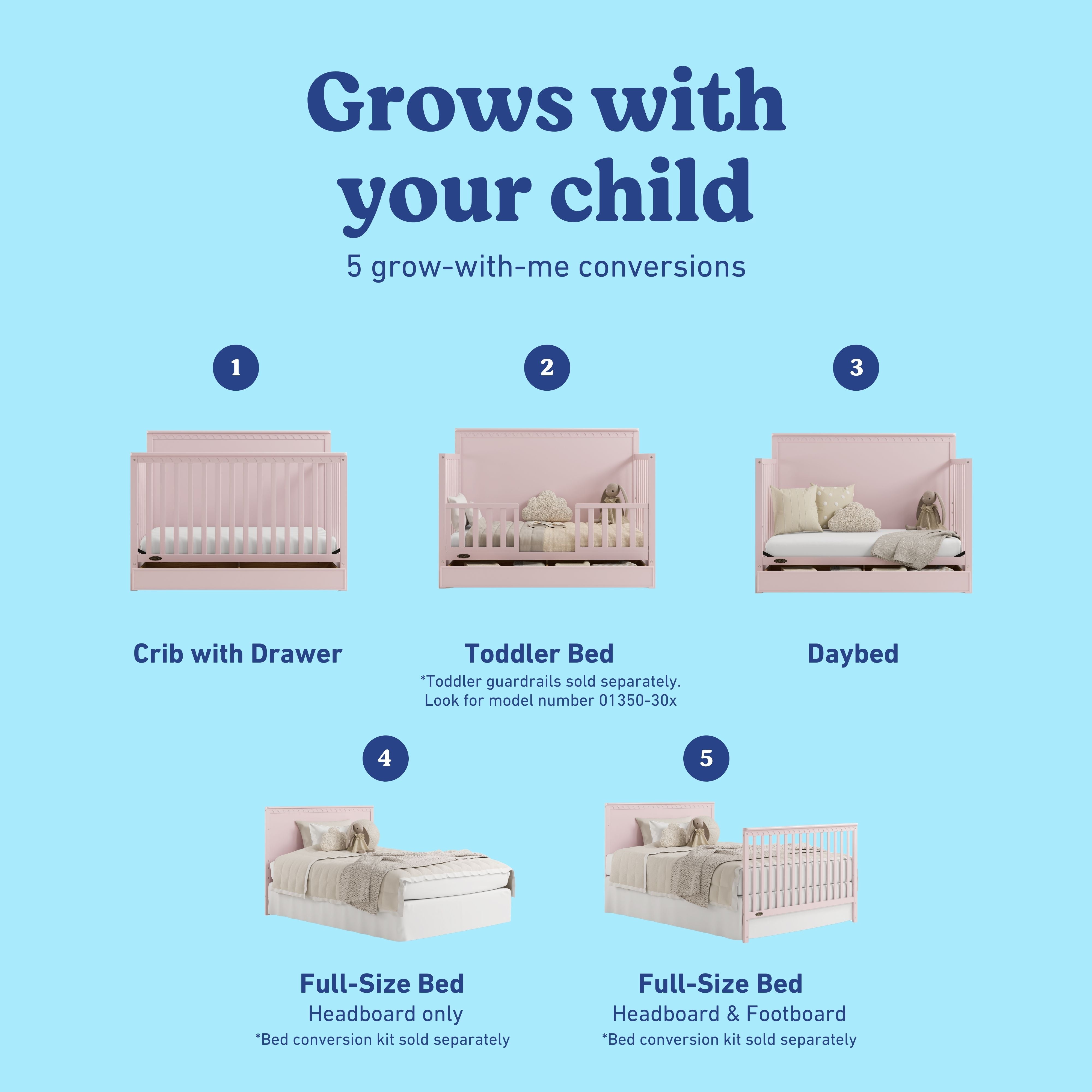 Sasha blush crib with drawer conversions callout
