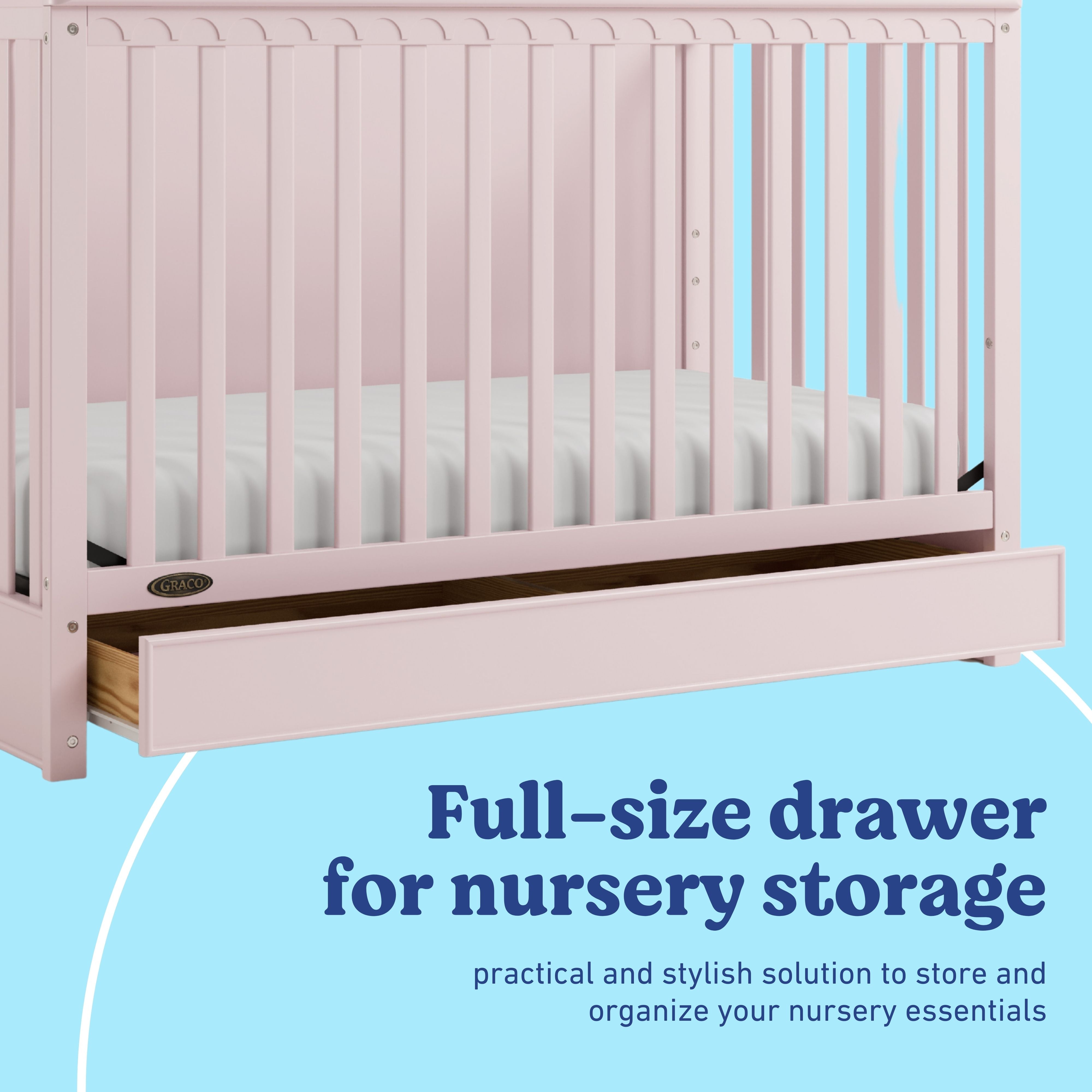 Sasha blush crib with drawer storage callout