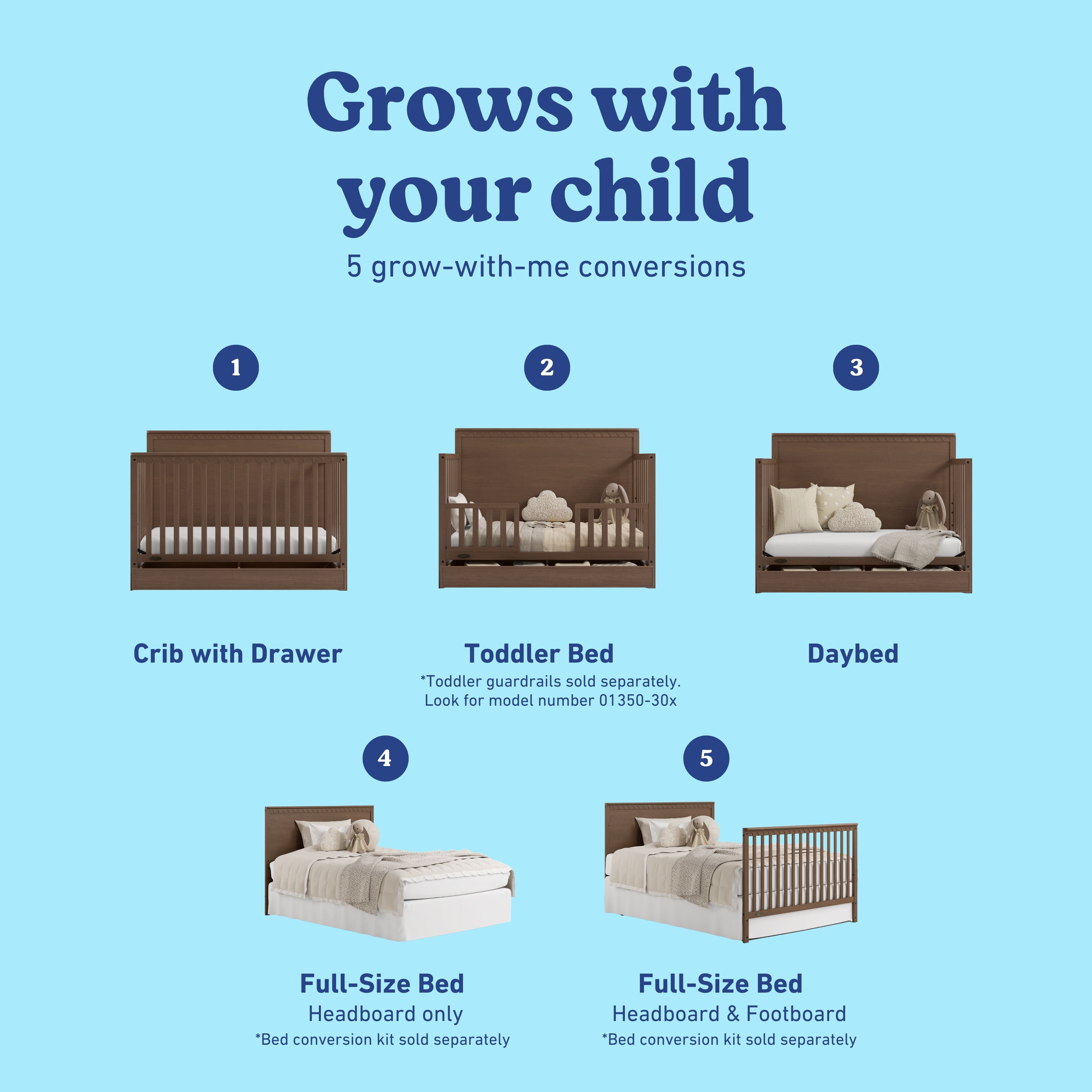 Sasha hazelnut crib with drawer conversions callout