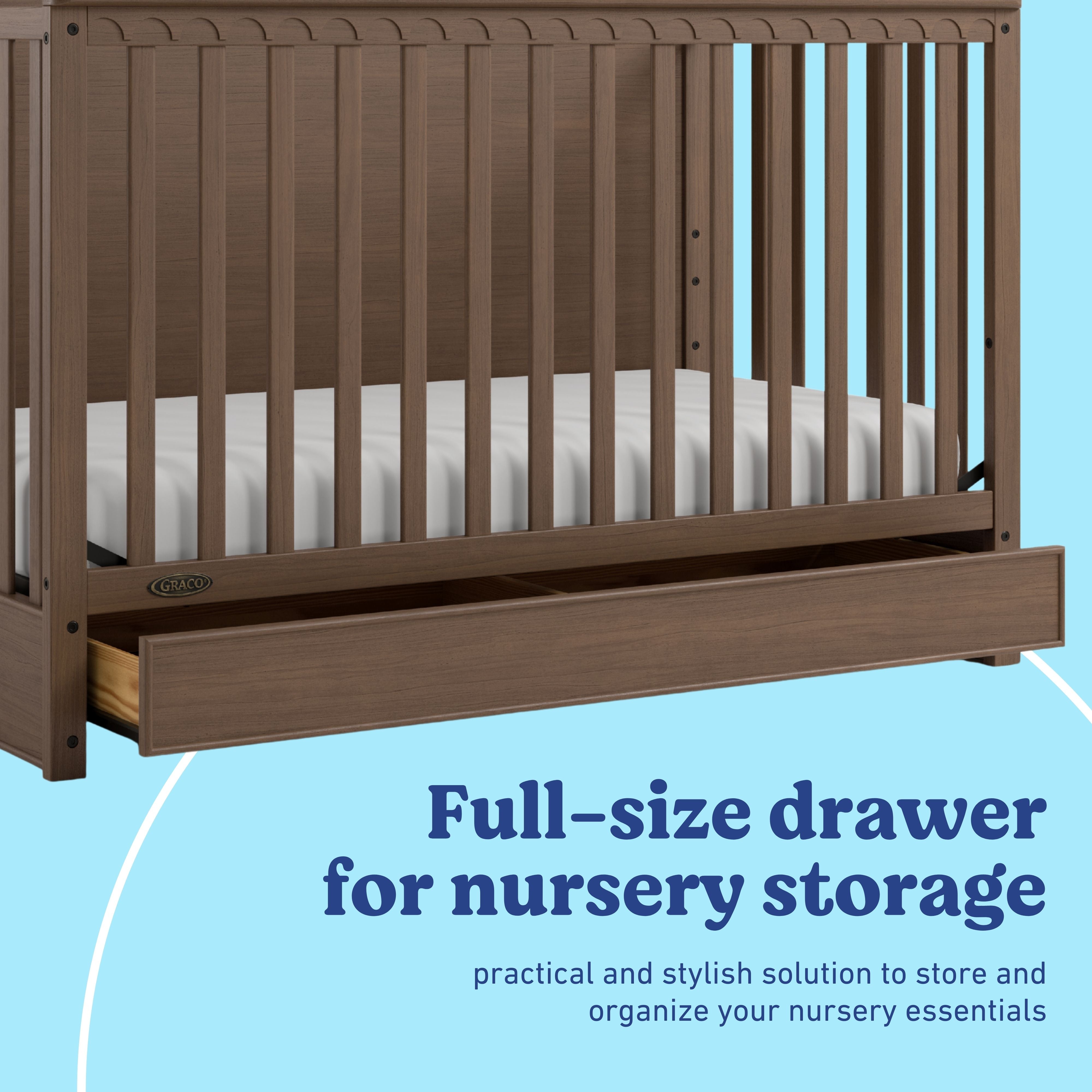 Sasha hazelnut crib with drawer storage callout