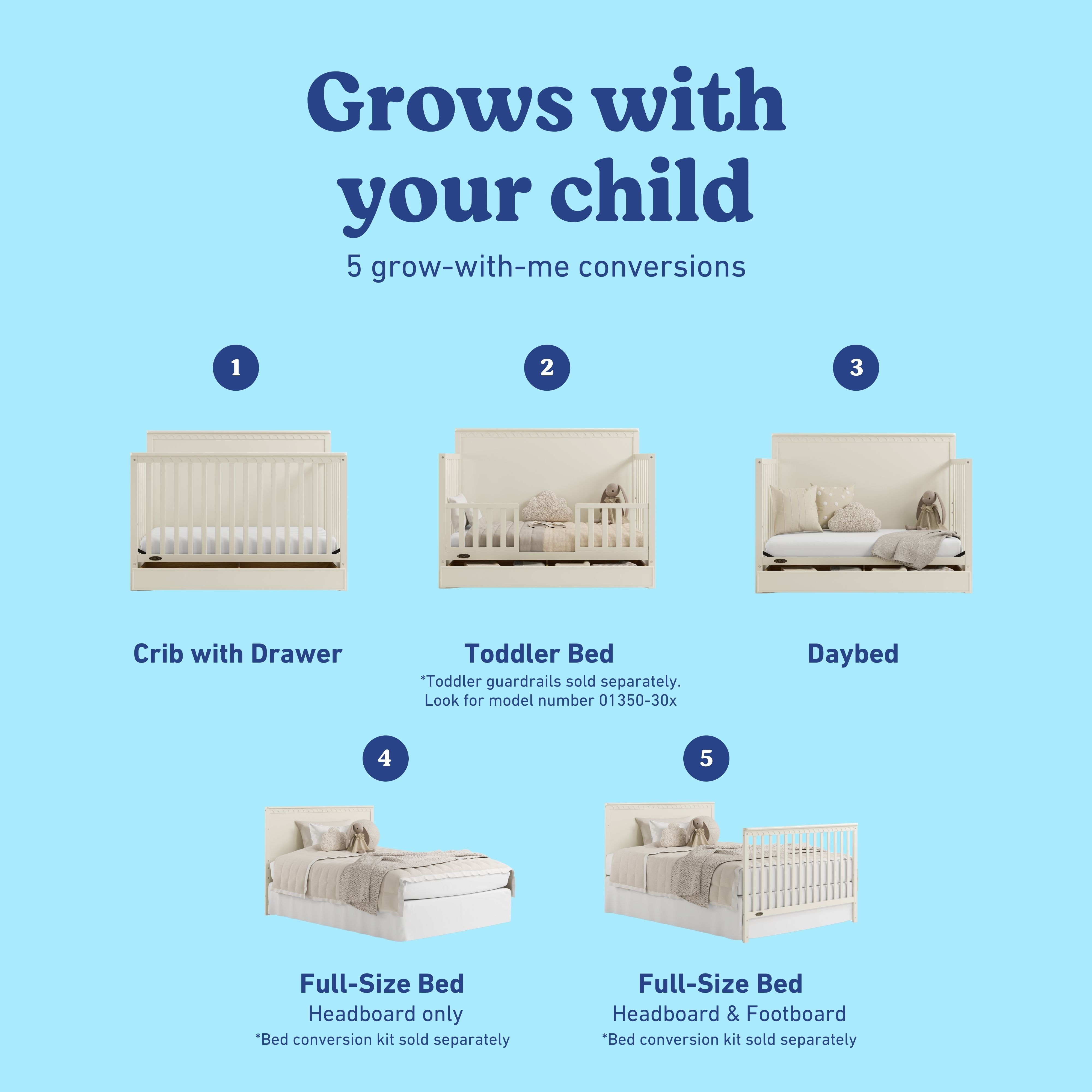 Sasha frosted oat crib with drawer conversions callout