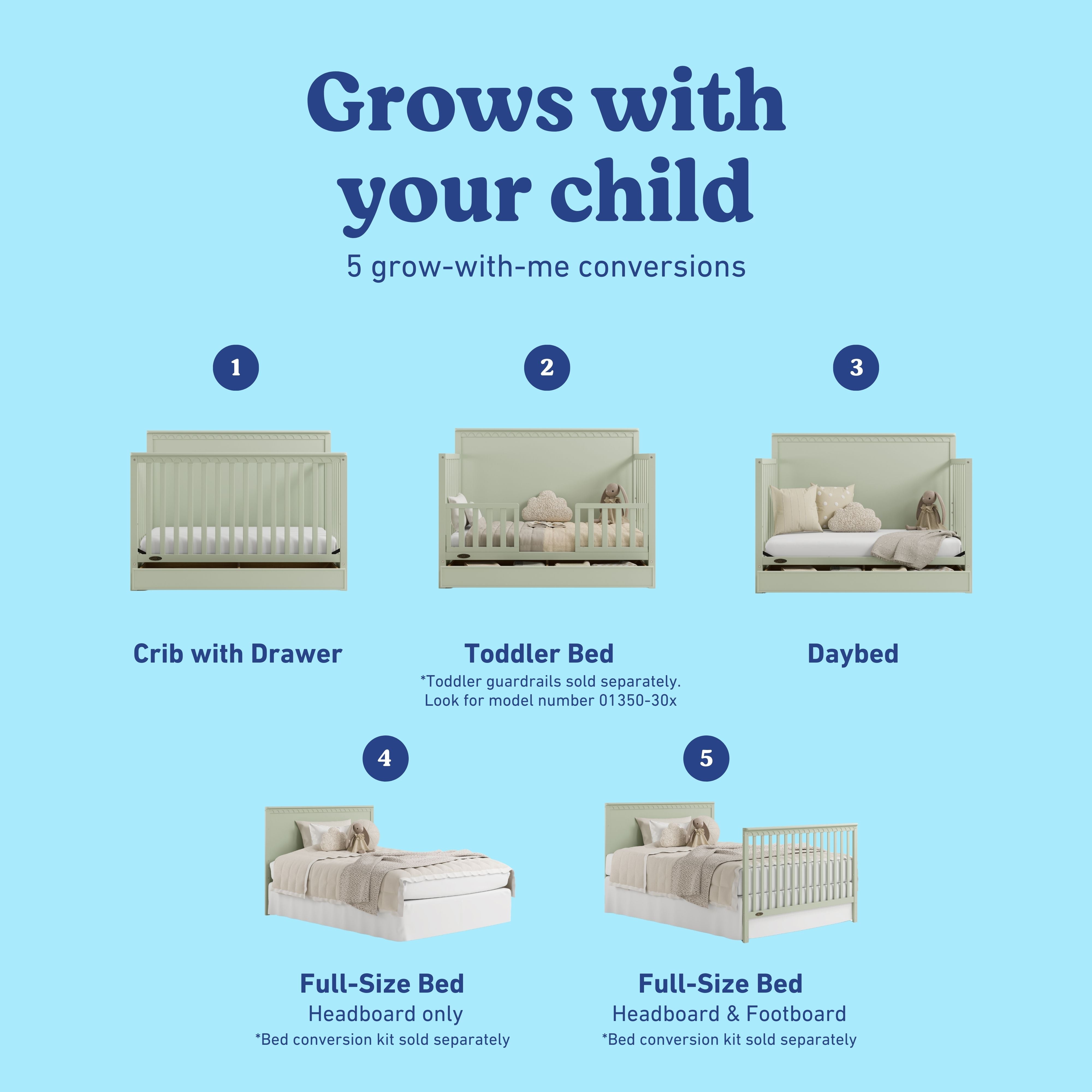 Sasha sage crib with drawer conversions callout