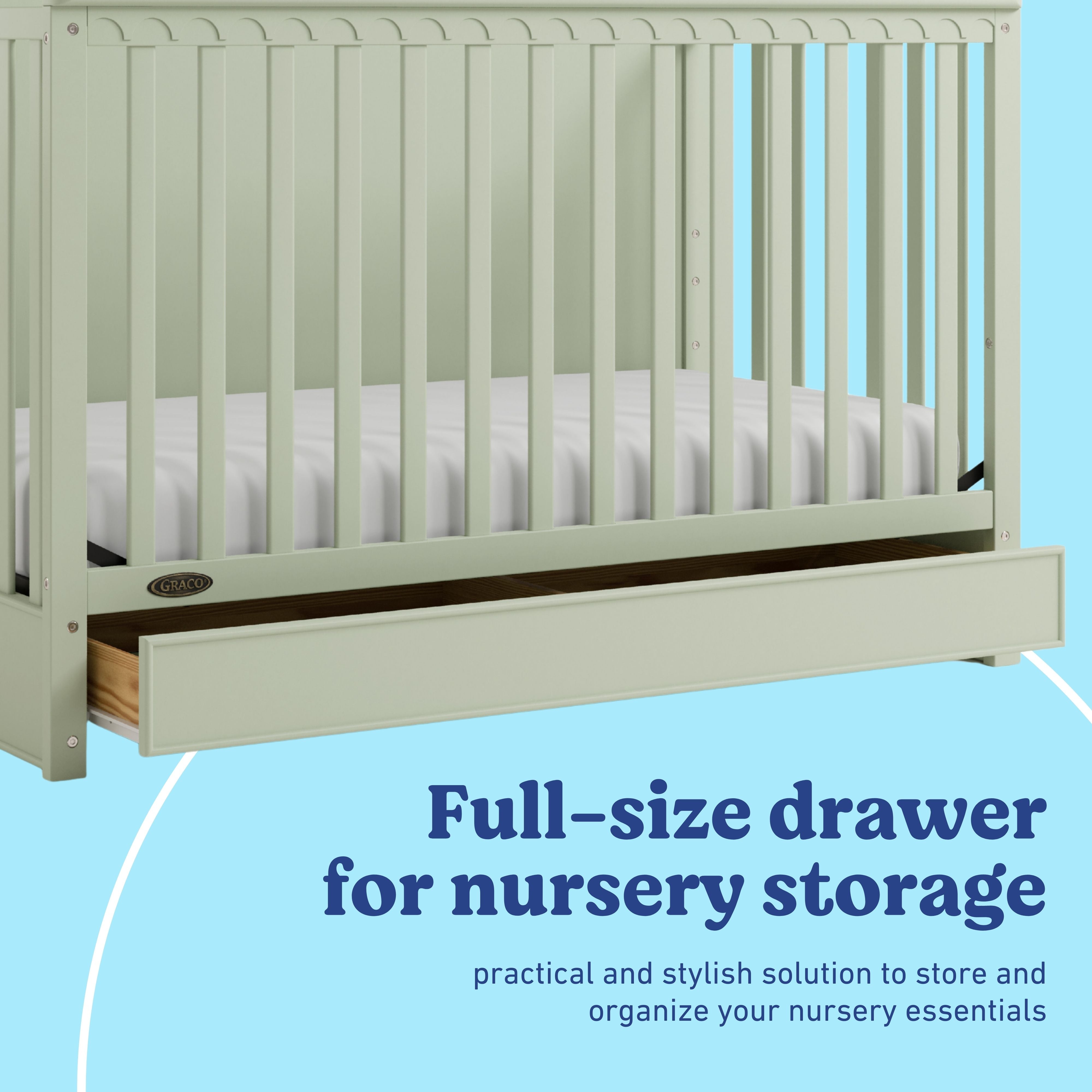 Sasha sage crib with drawer storage callout