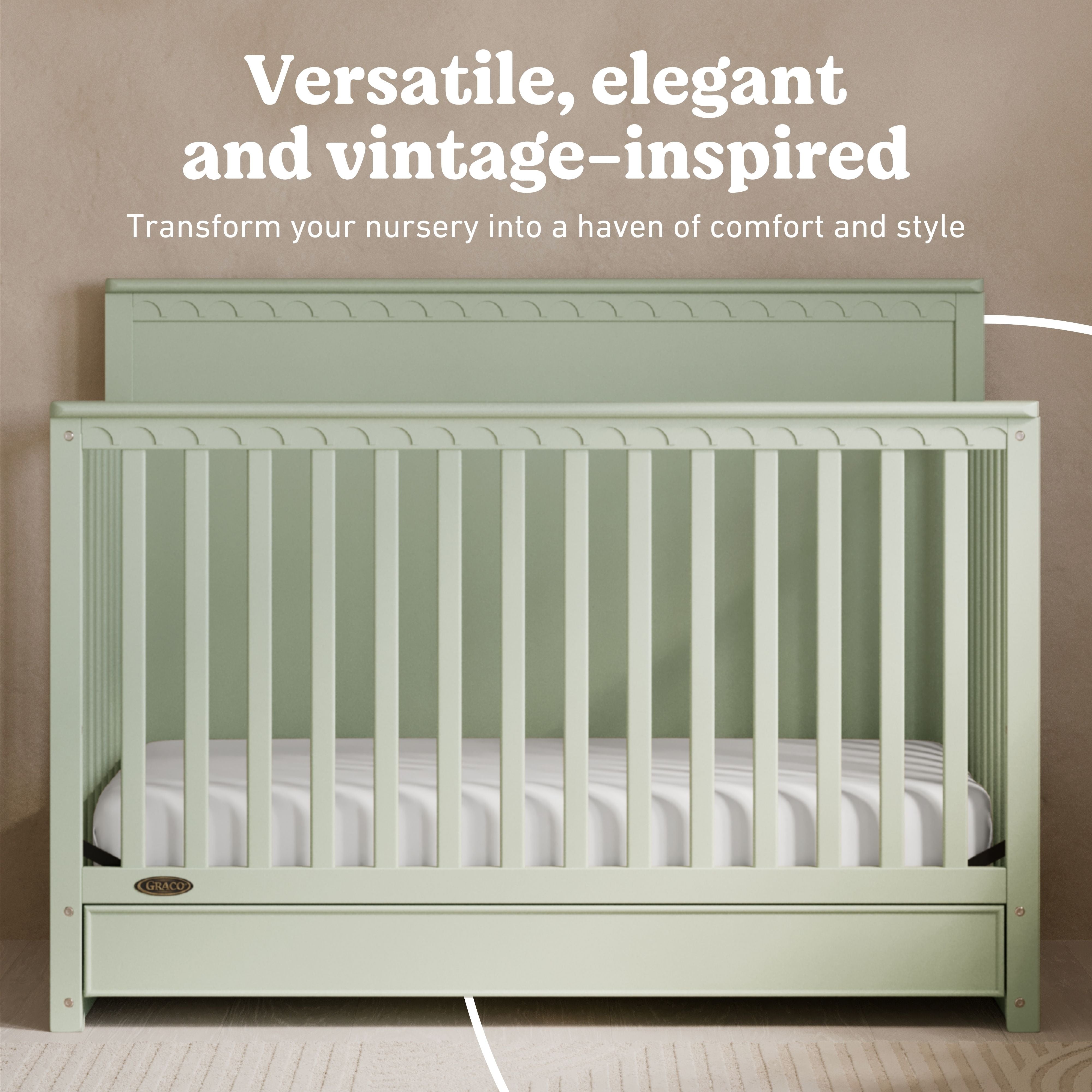 Sasha sage crib with drawer style callout