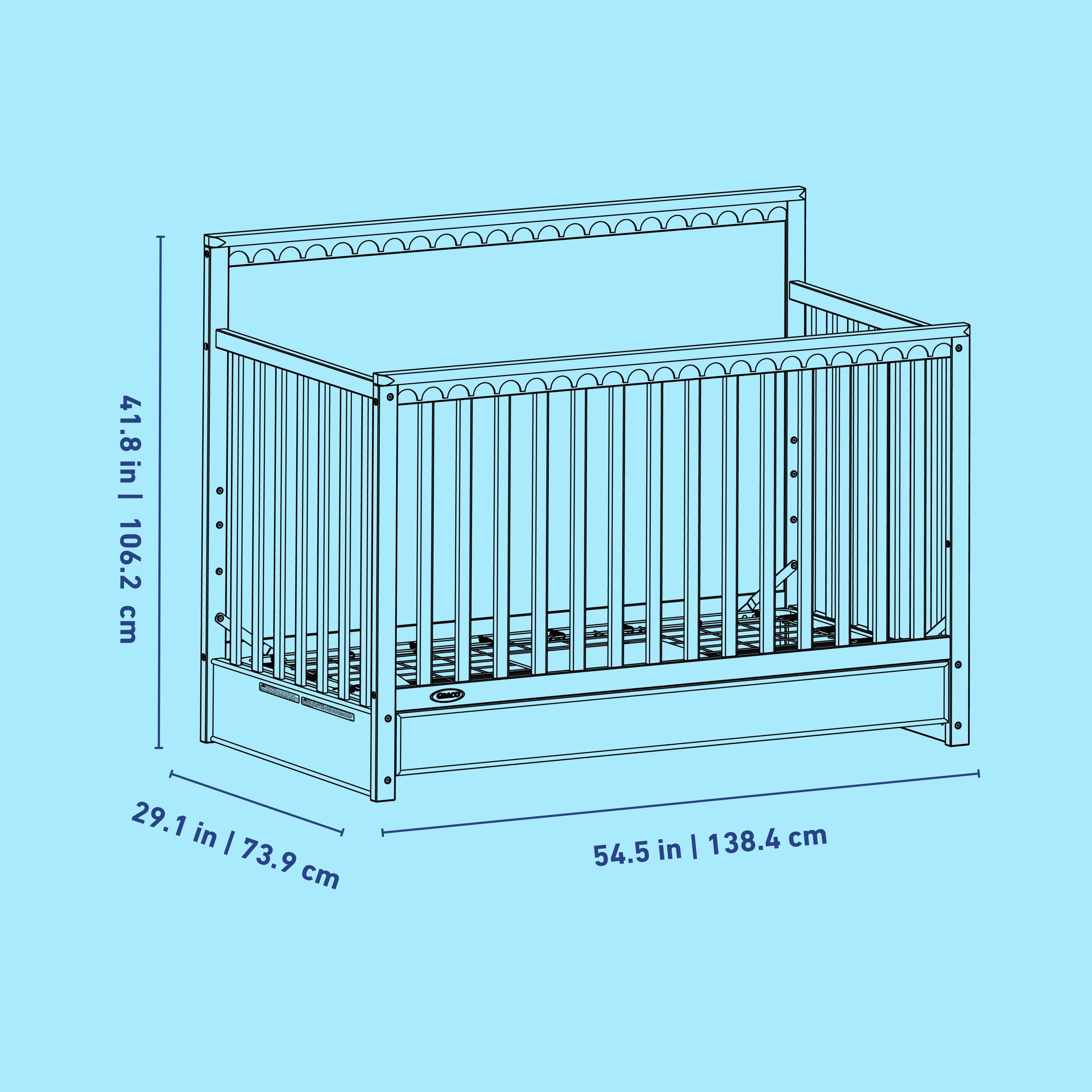 Sasha crib with drawer line drawing with dimensions