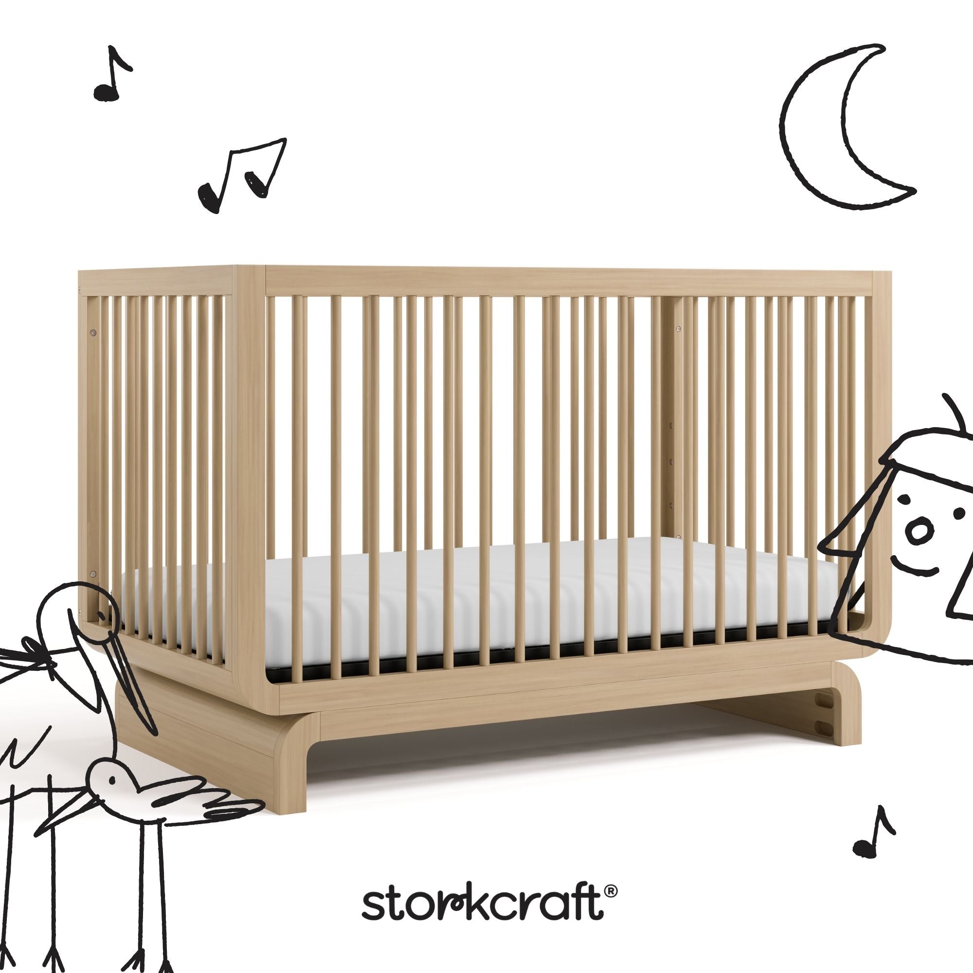 Santorini driftwood crib with black cartoon drawings