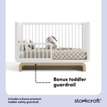 Santorini white with driftwood crib bonus toddler guardrail callout