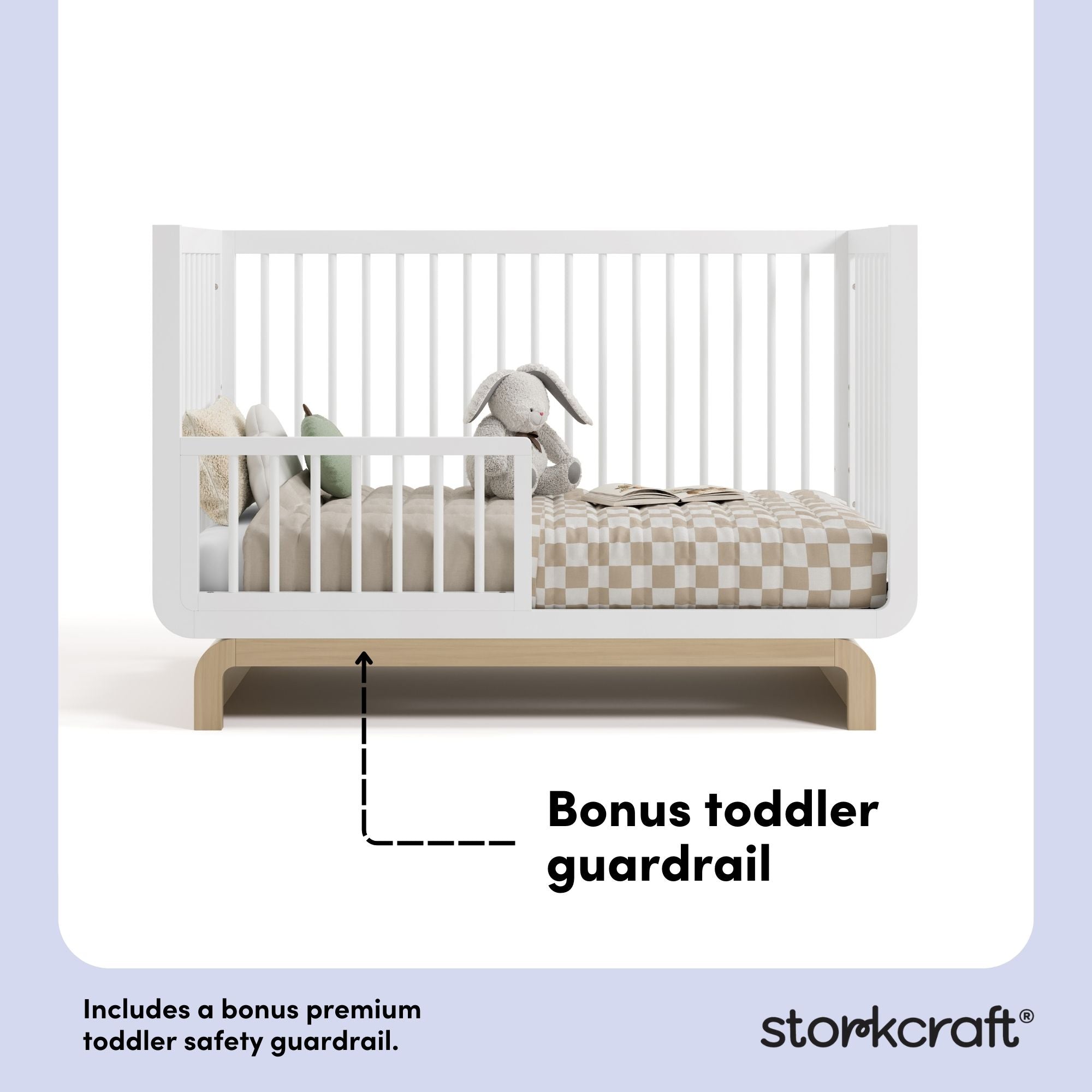 Santorini white with driftwood crib bonus toddler guardrail callout
