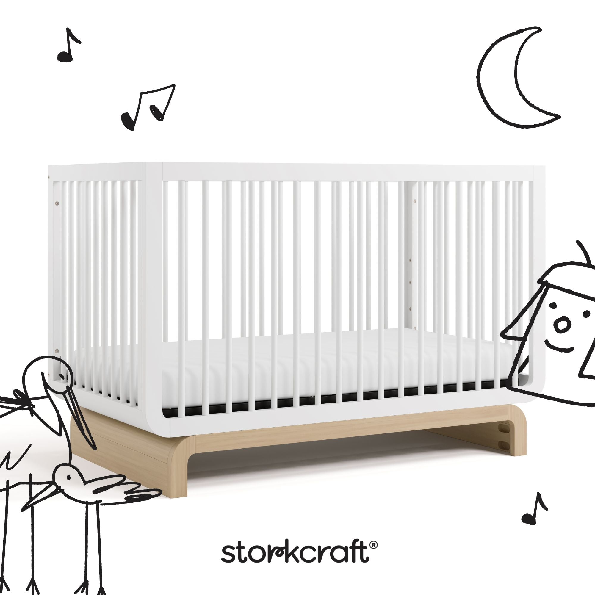 Santorini white with driftwood crib with black cartoon drawings