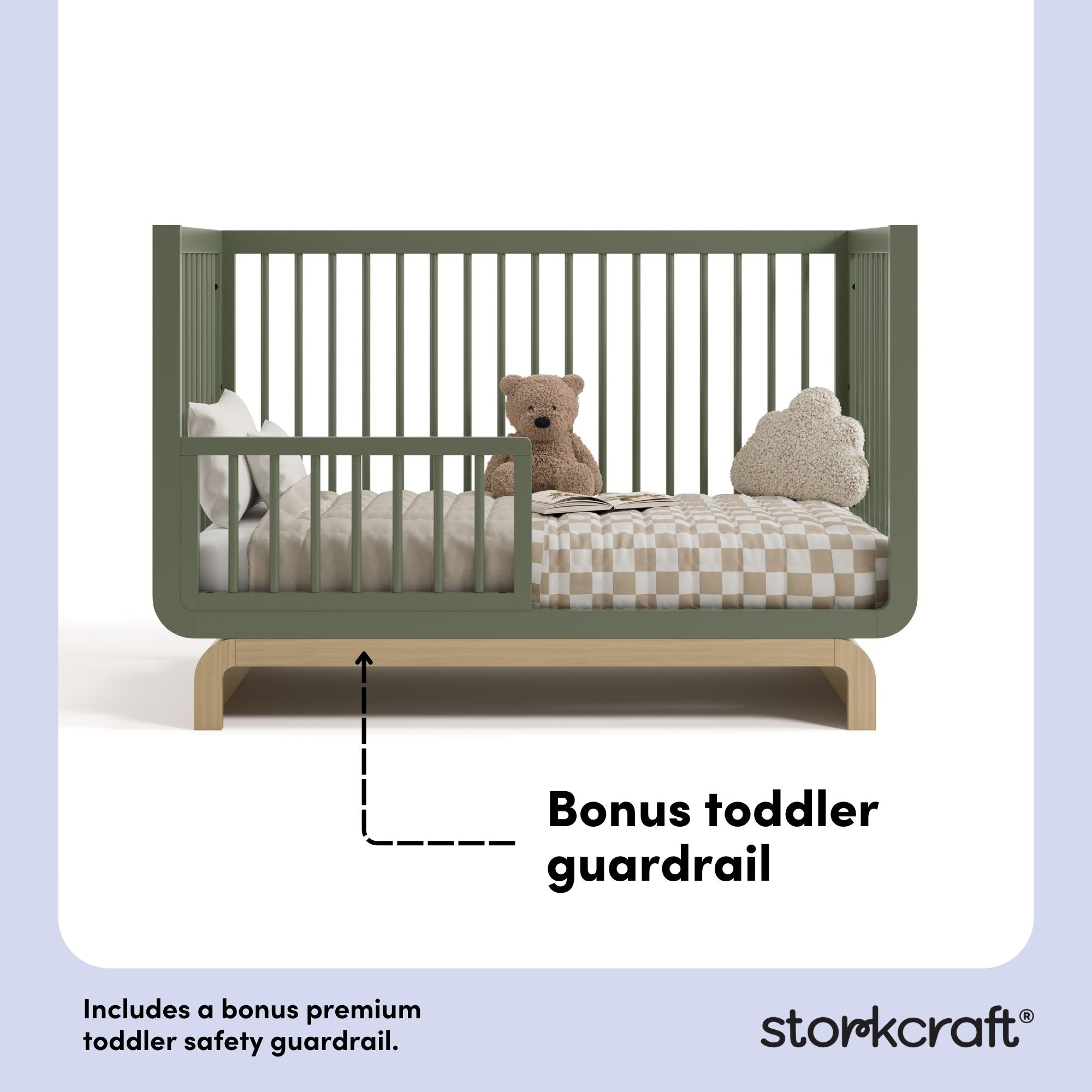 Santorini olive with driftwood crib bonus toddler guardrail callout