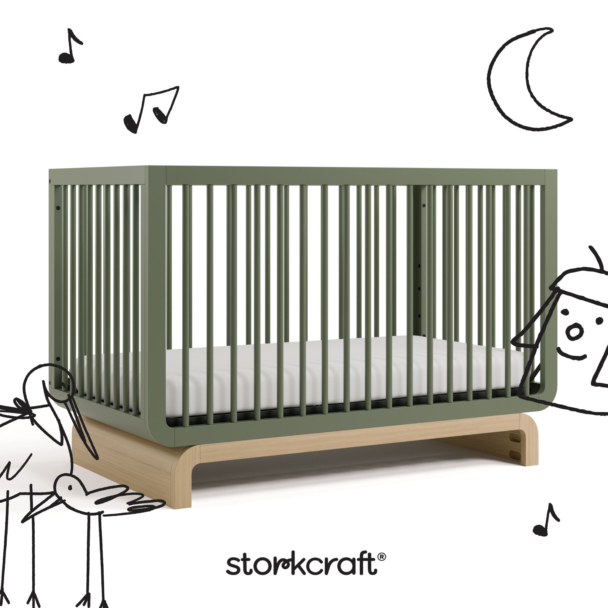 Santorini olive with driftwood crib with black cartoon drawings