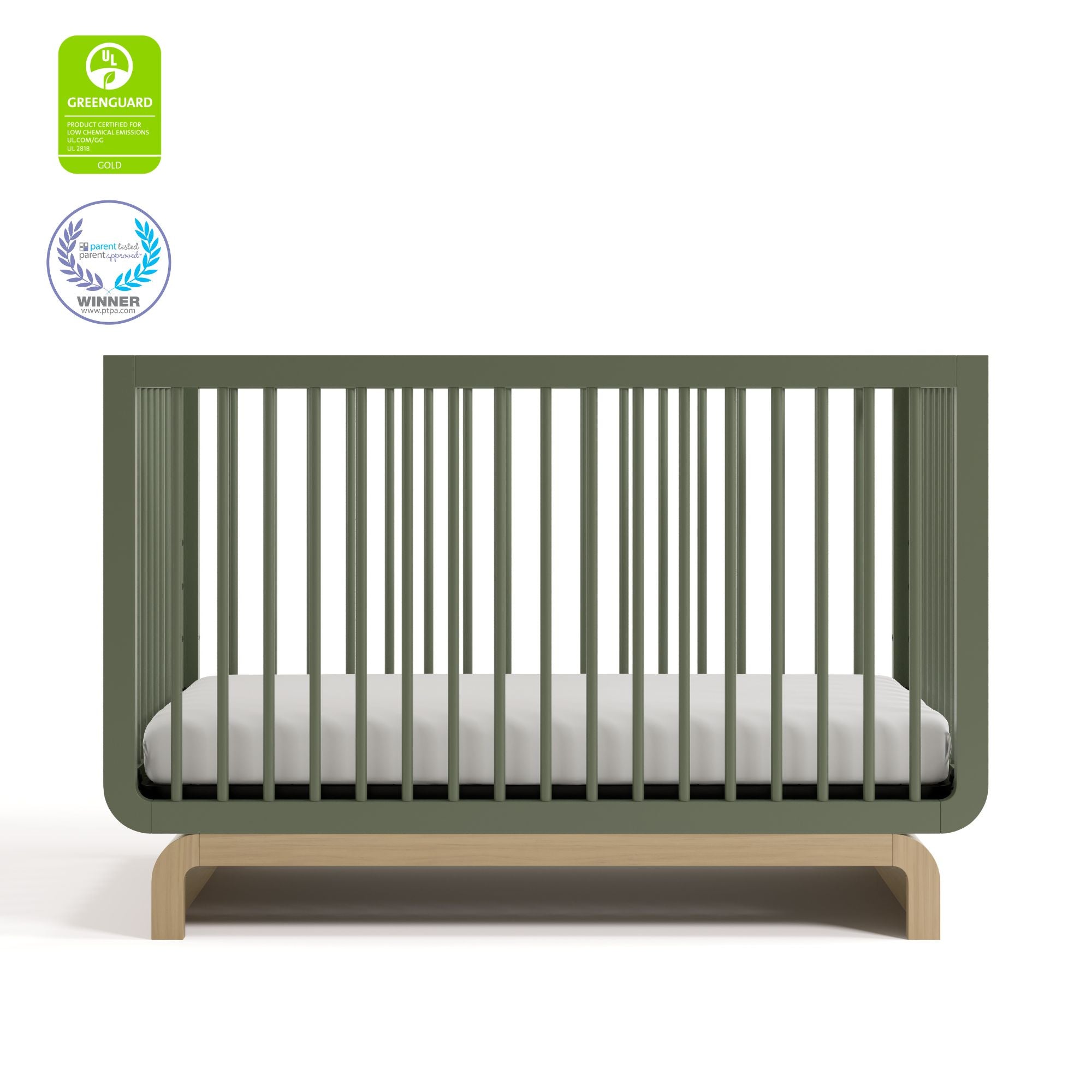 Santorini olive with driftwood crib with GGG and PTPA logos on top left