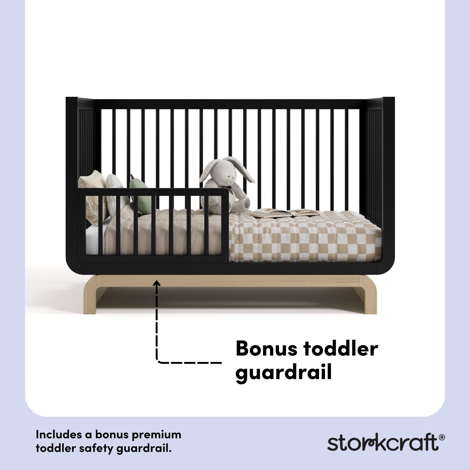 Santorini black with driftwood crib bonus toddler guardrail callout