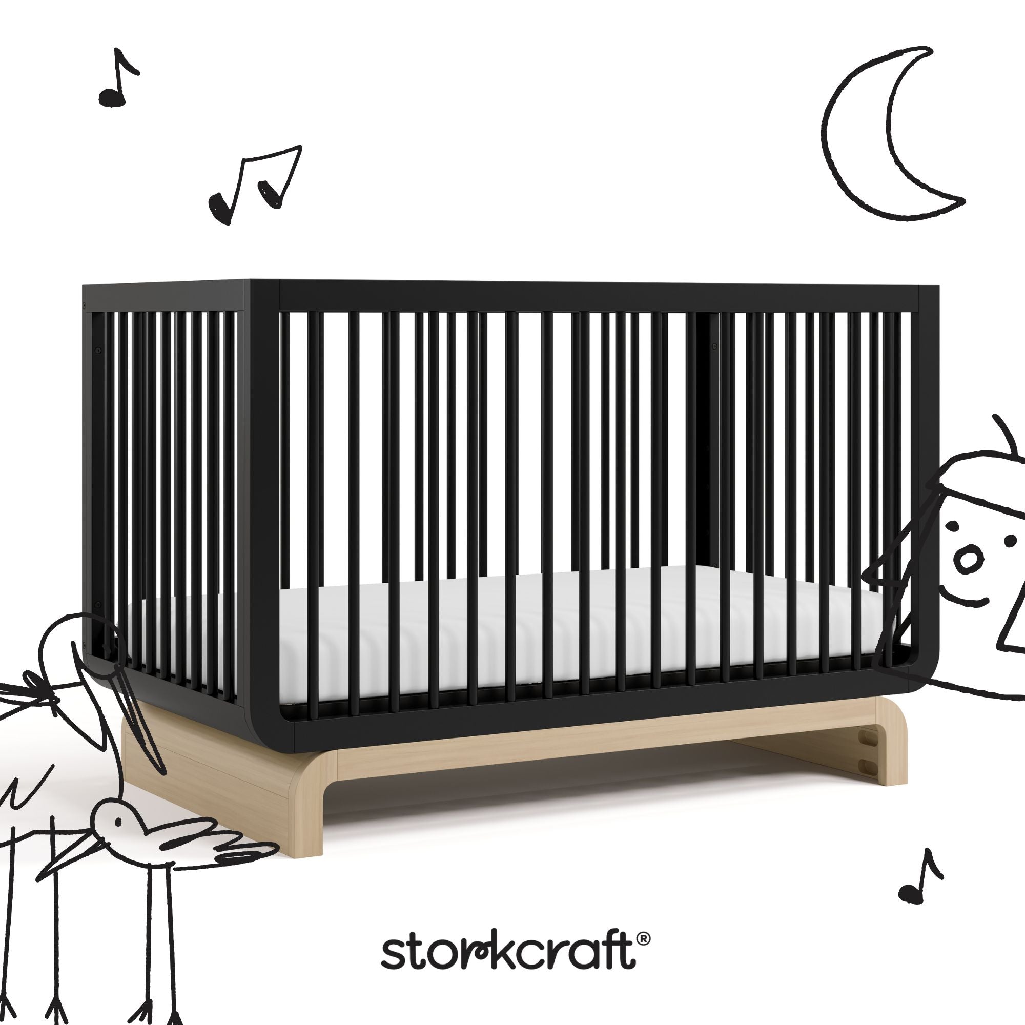 Santorini black with driftwood crib with black cartoon drawings