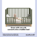 Santos olive with natural toddler bed conversion callout