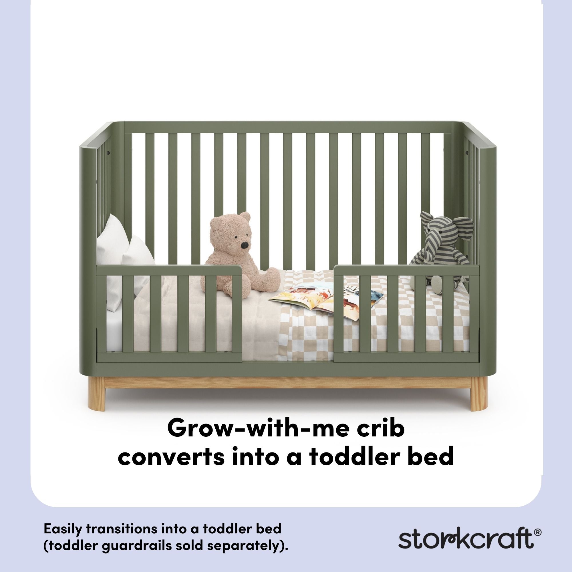 Santos olive with natural toddler bed conversion callout