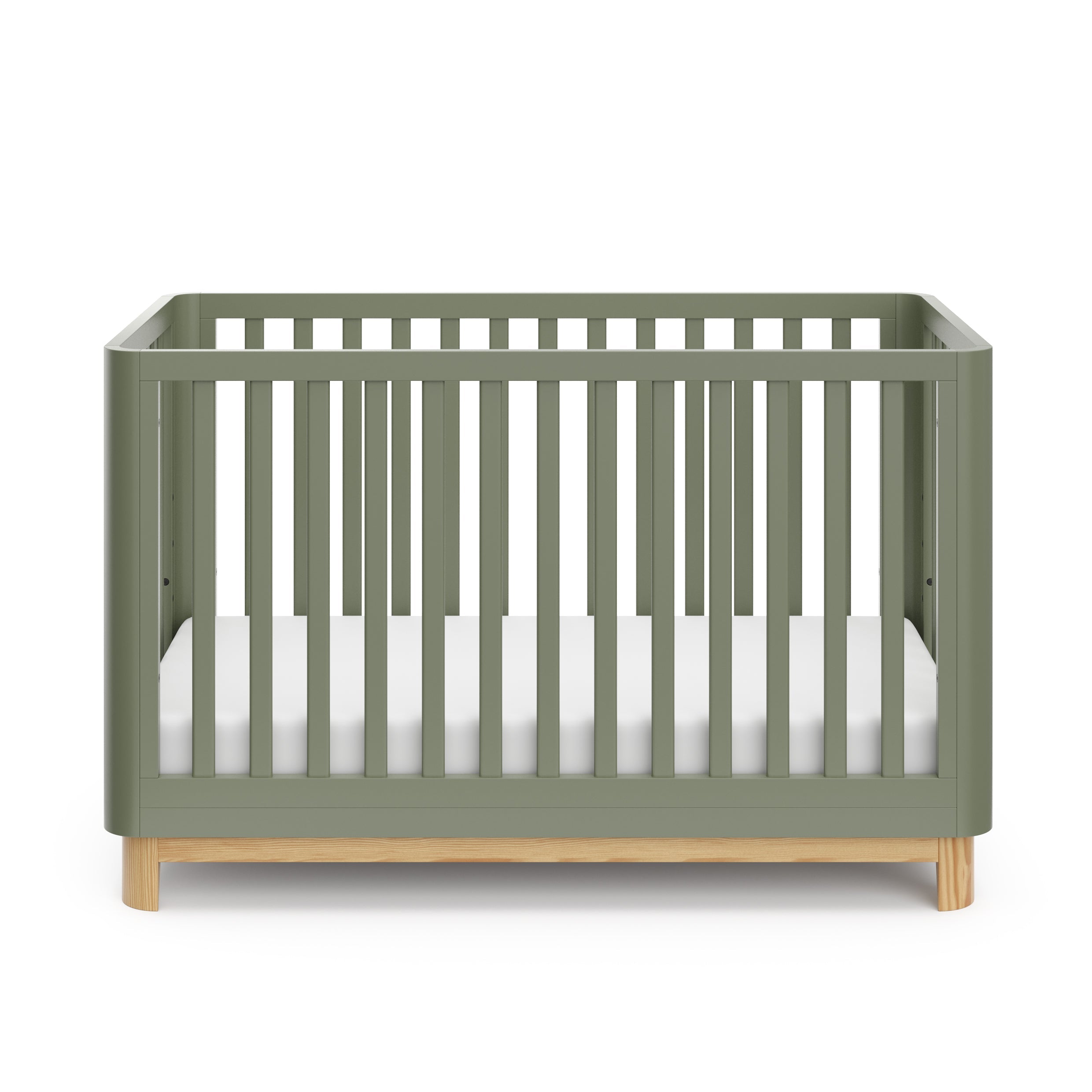 Front view of an olive crib with a natural wood color base