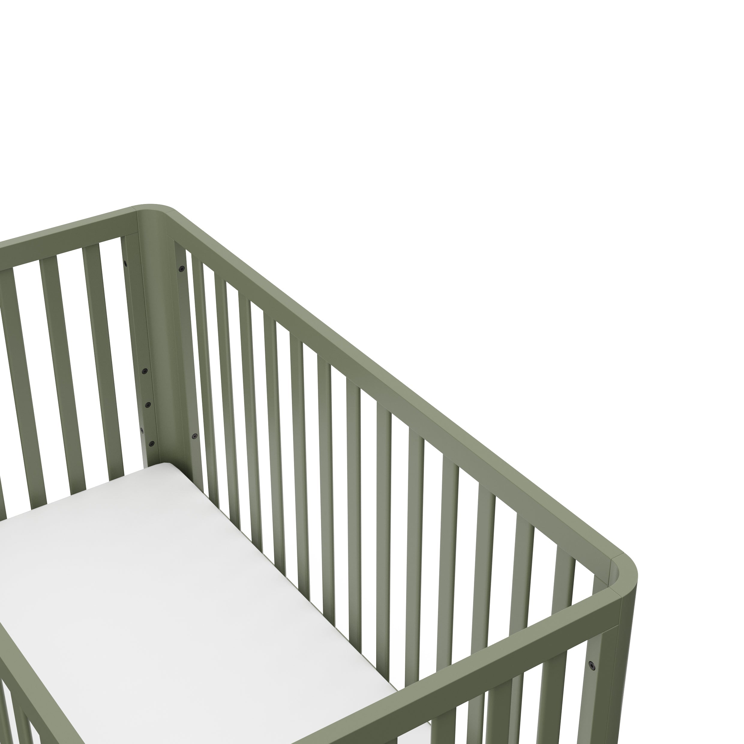 top view of a white crib with a natural wood color base