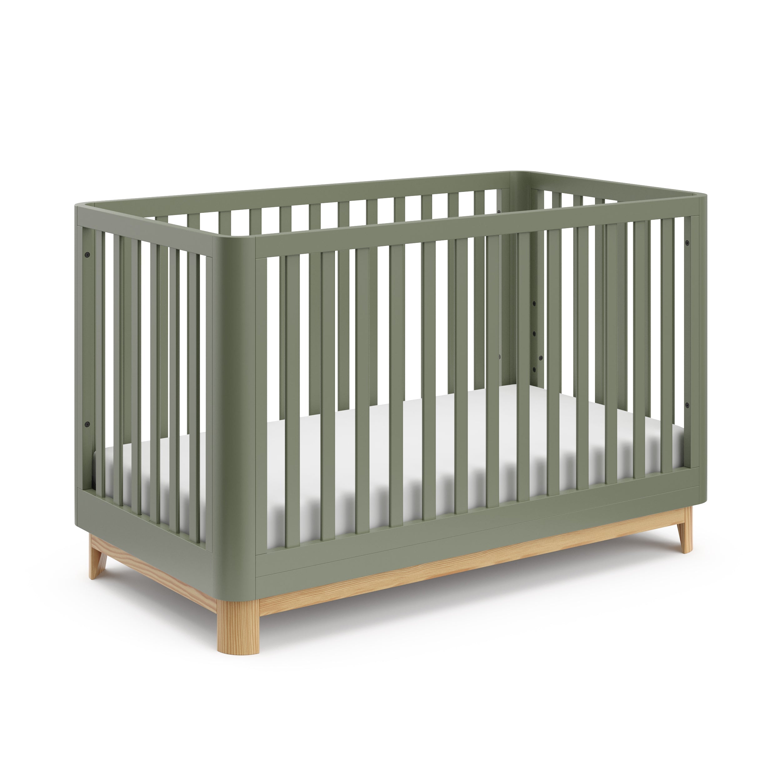 Angled view of an olive crib with a natural wood color base