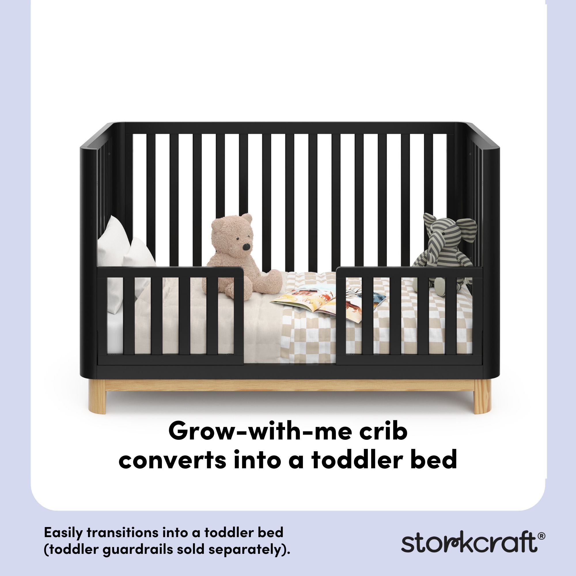 Santos black with natural toddler bed conversion callout