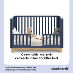 Santos midnight blue with natural toddler bed conversion callout