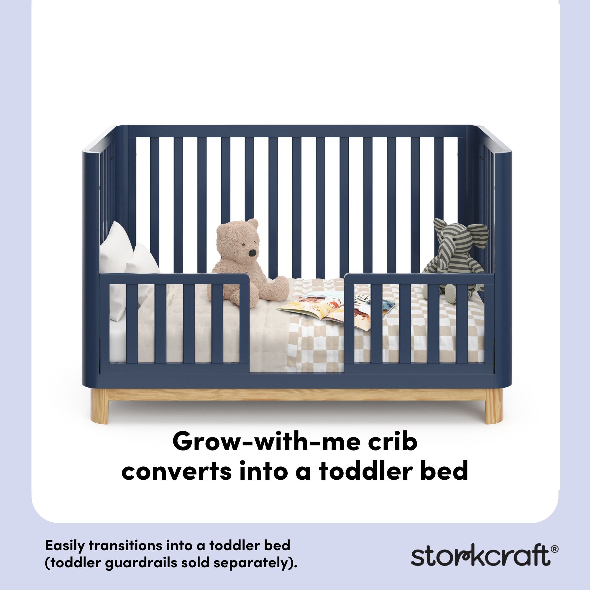 Santos midnight blue with natural toddler bed conversion callout
