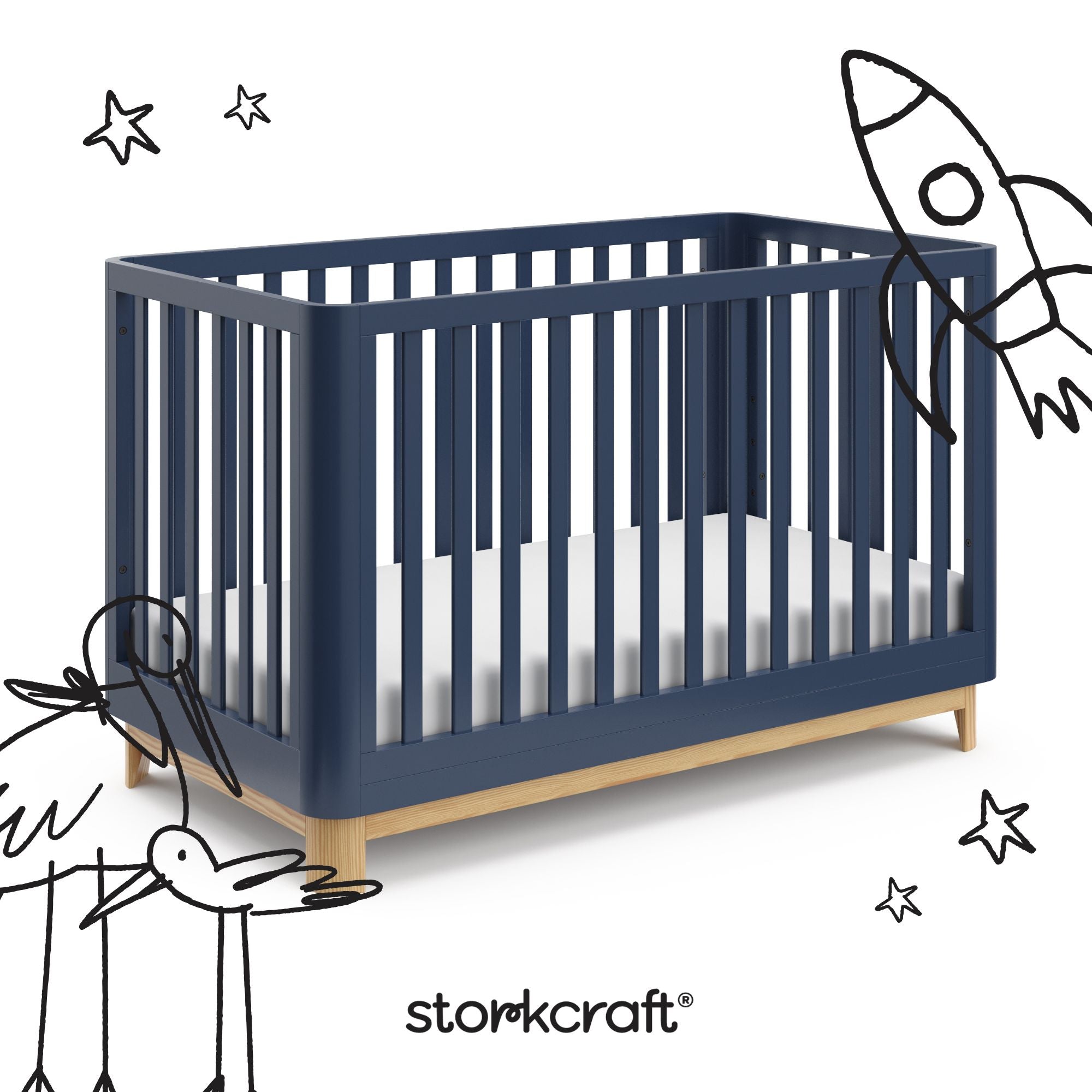 Santos midnight blue with natural with black doodles overlaid on image