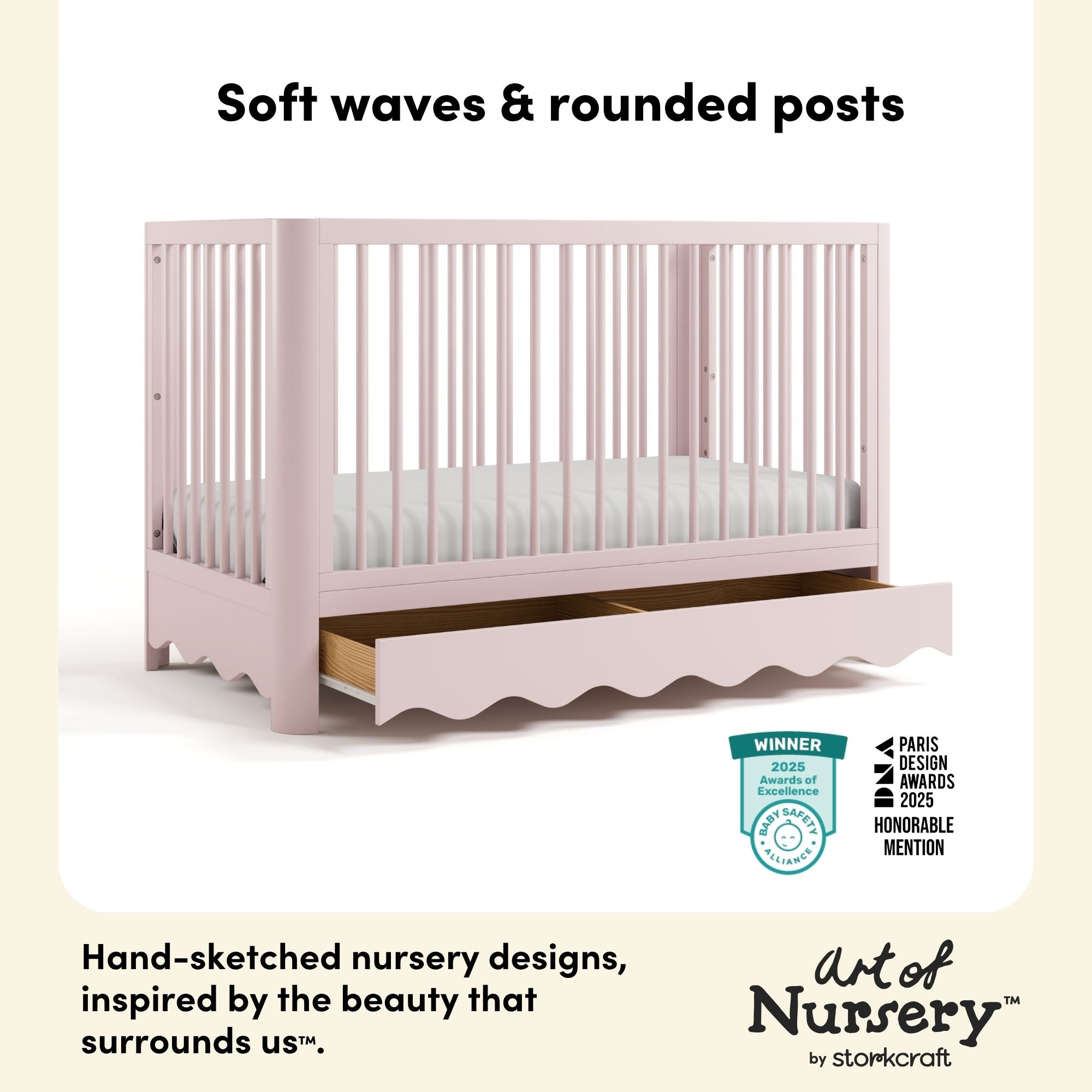 Casablanca blush crib with drawer style callout